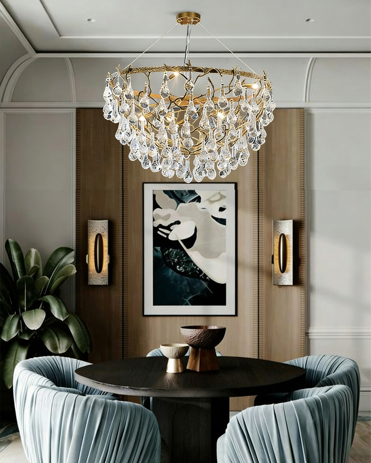 Lifestyle image of the Doris Chandelier creating a shimmering light display on a nearby wall.