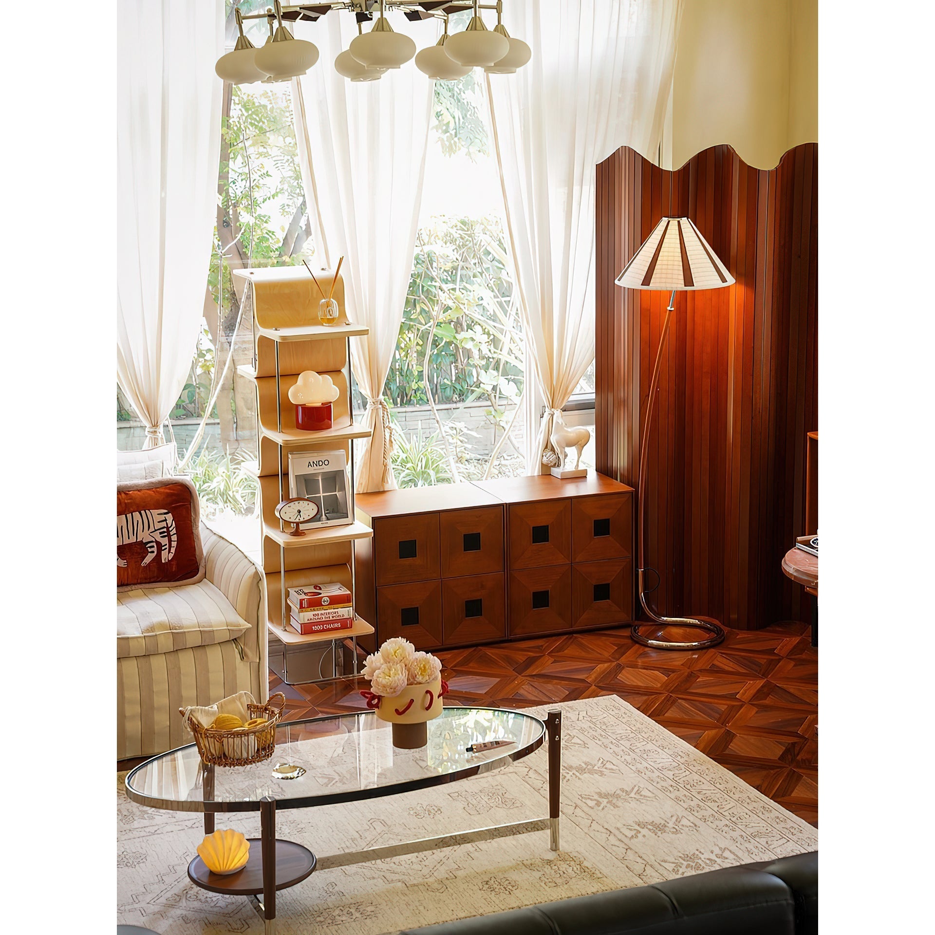 A low-angle shot of the floor lamp, emphasizing its height and slender profile.