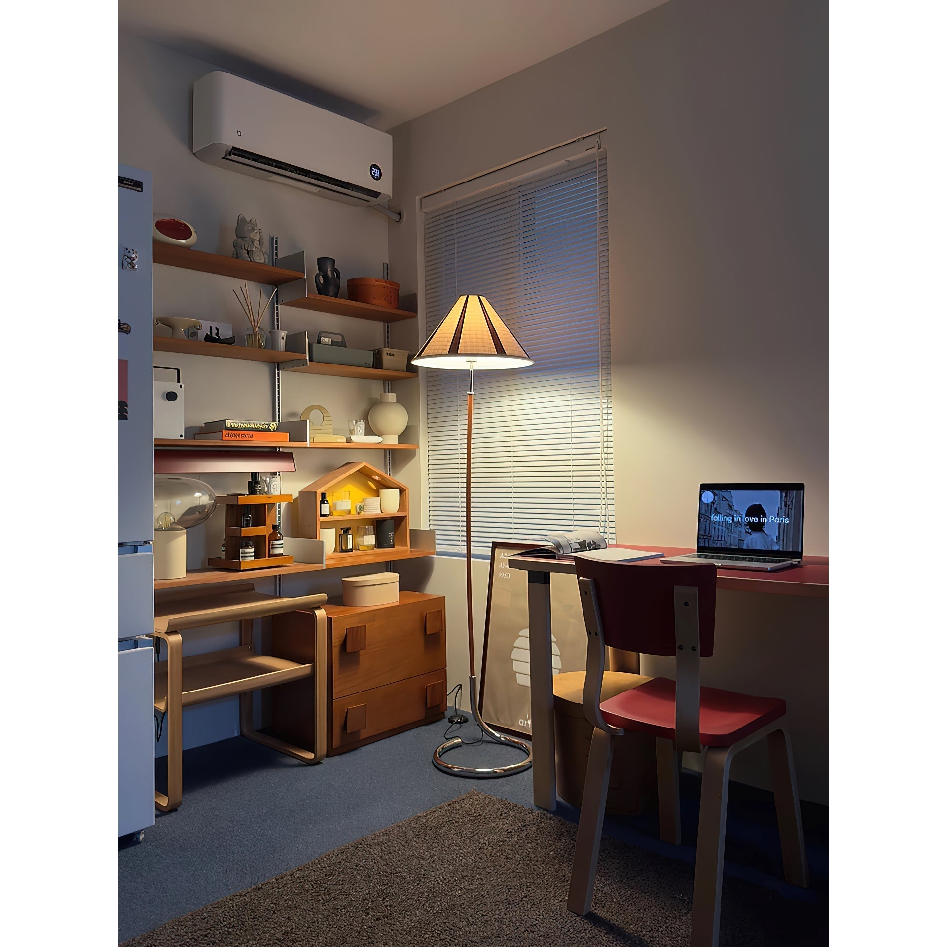 Dornstab Floor Lamp placed in a bedroom corner next to an armchair.