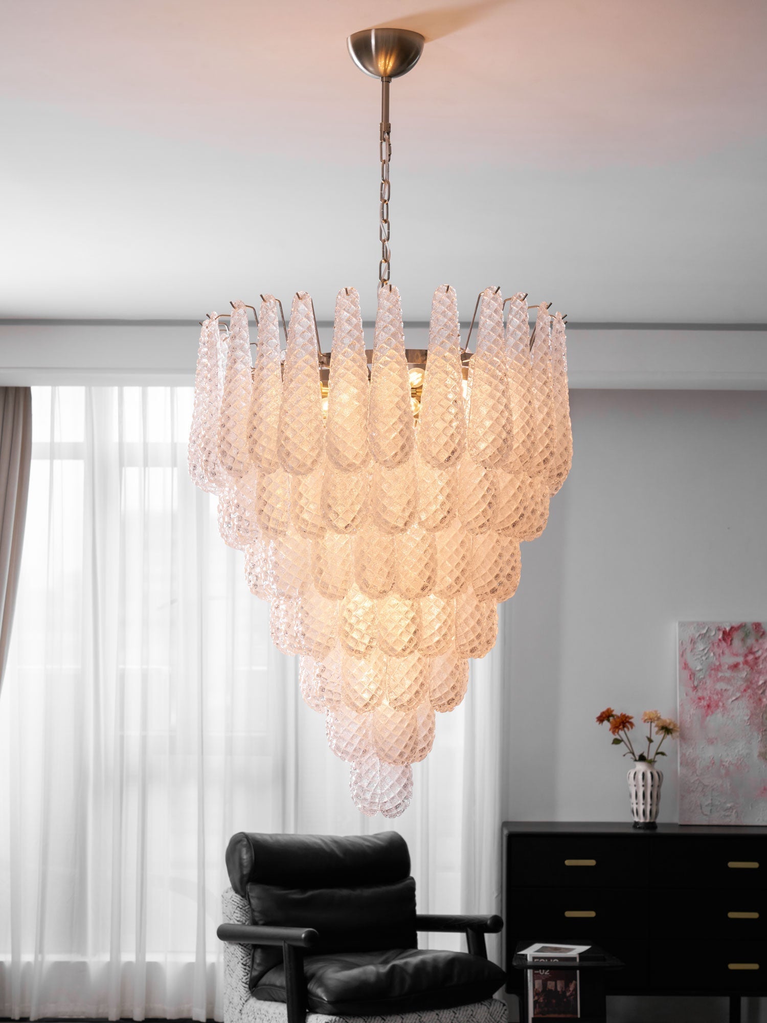 Aurora Chandelier Clear Droplets Murano Glass Waterfall Diamond-Neutral Decor