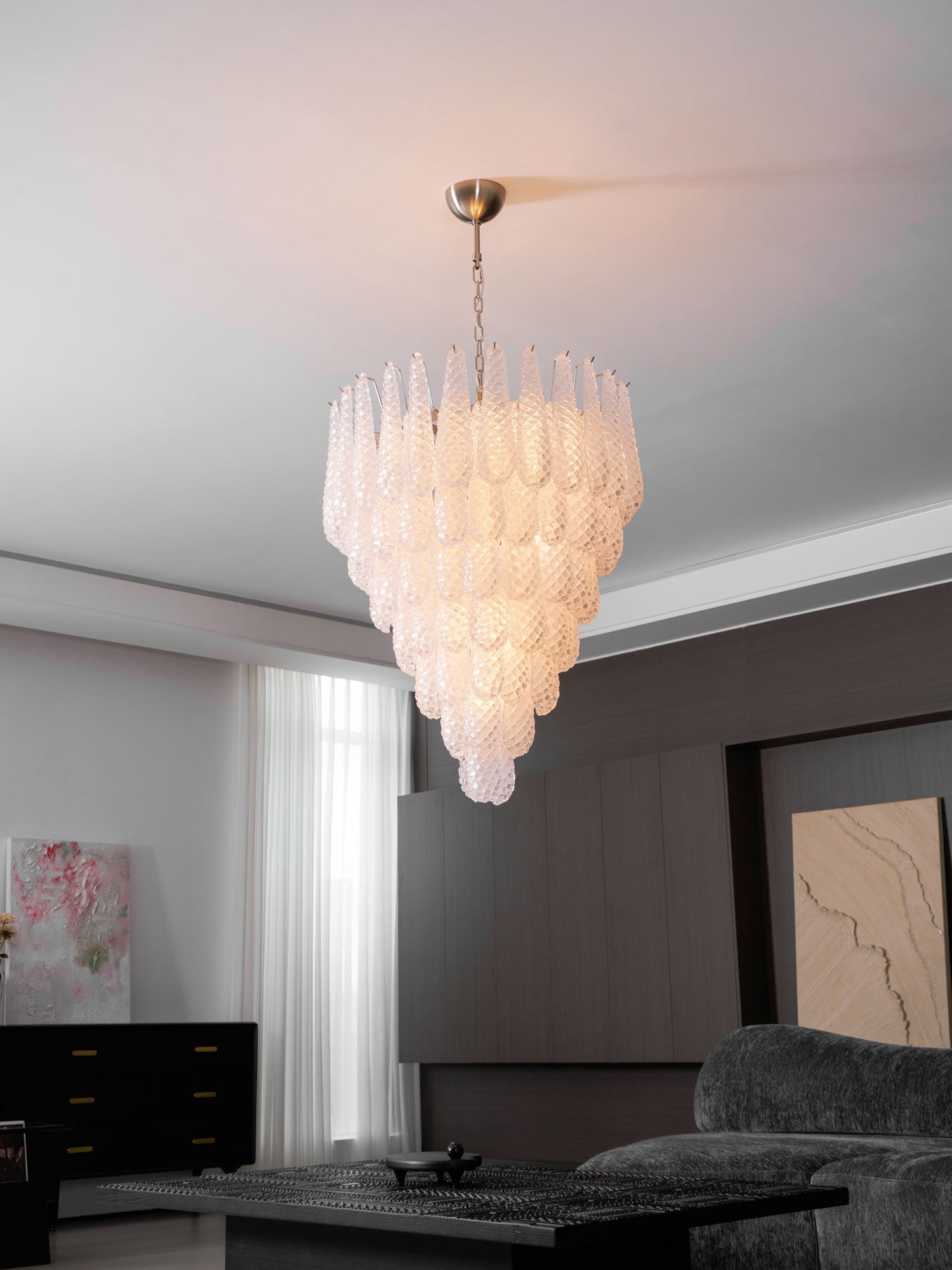 Aurora Chandelier Clear Droplets Murano Glass Waterfall Diamond-Neutral Decor