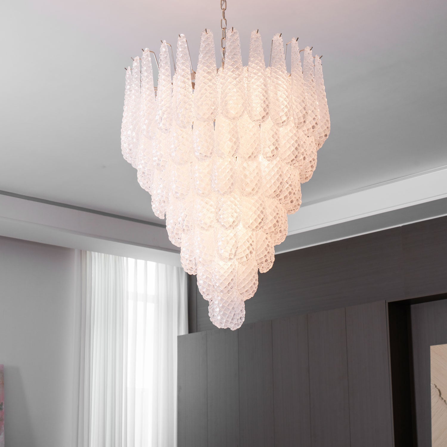 Aurora Chandelier Clear Droplets Murano Glass Waterfall Diamond-Neutral Decor