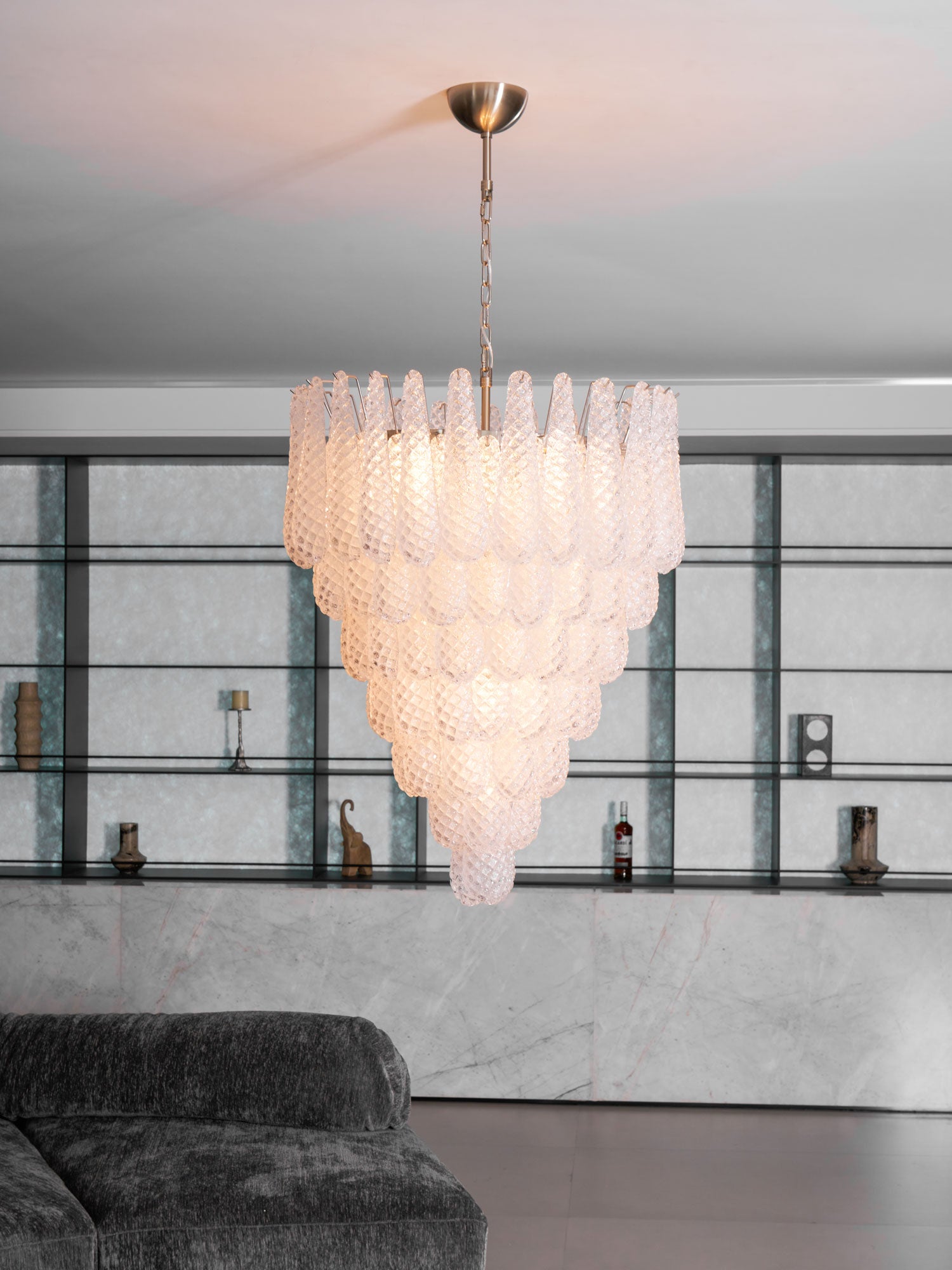 Aurora Chandelier Clear Droplets Murano Glass Waterfall Diamond-Neutral Decor