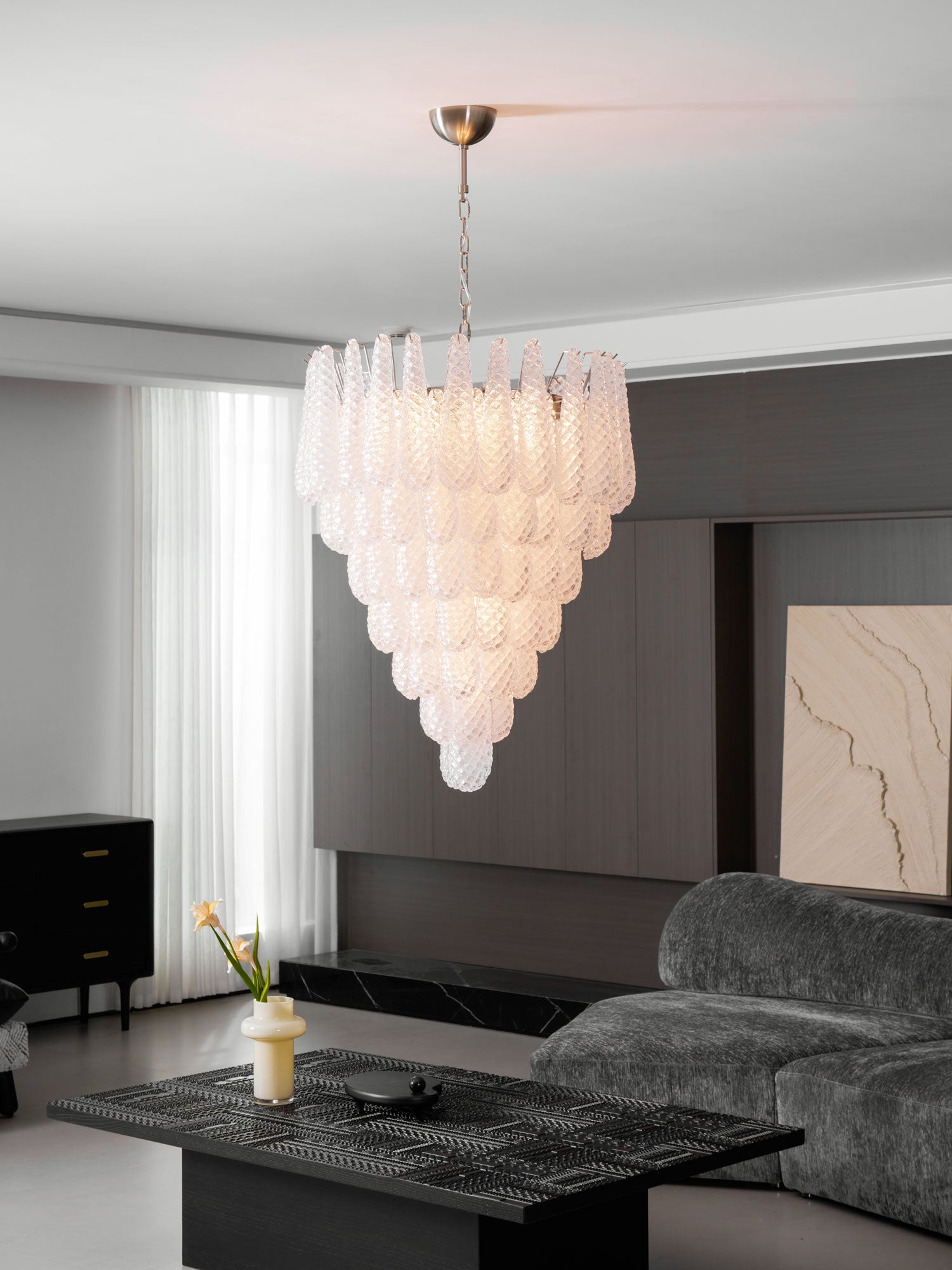 Aurora Chandelier Clear Droplets Murano Glass Waterfall Diamond-Neutral Decor