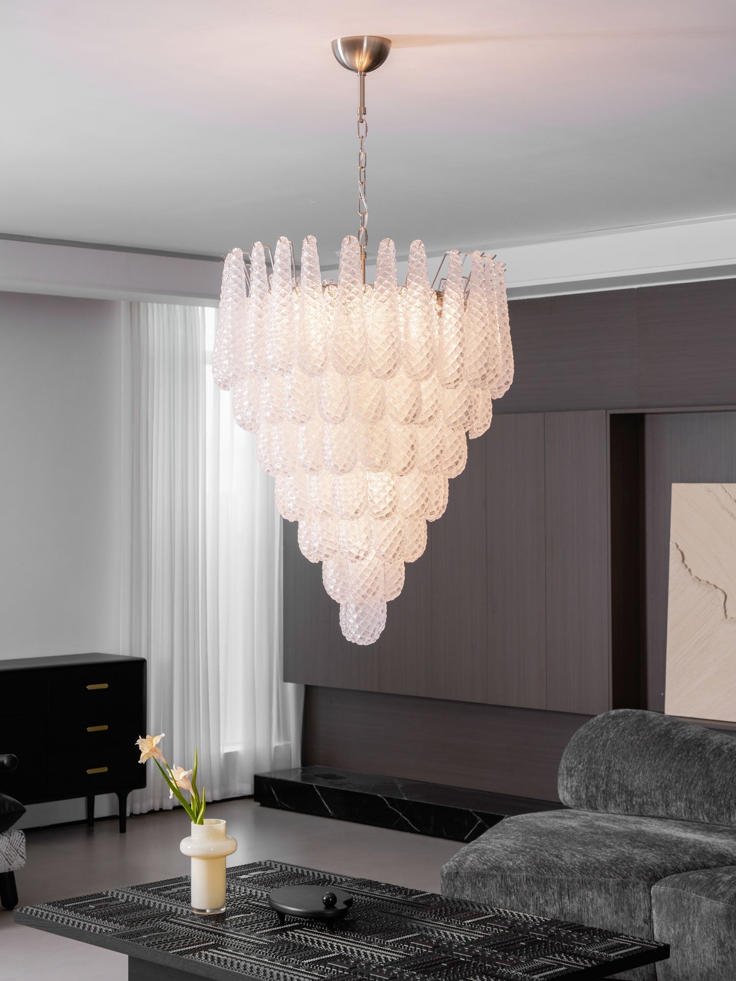 Aurora Chandelier Clear Droplets Murano Glass Waterfall Diamond-Neutral Decor