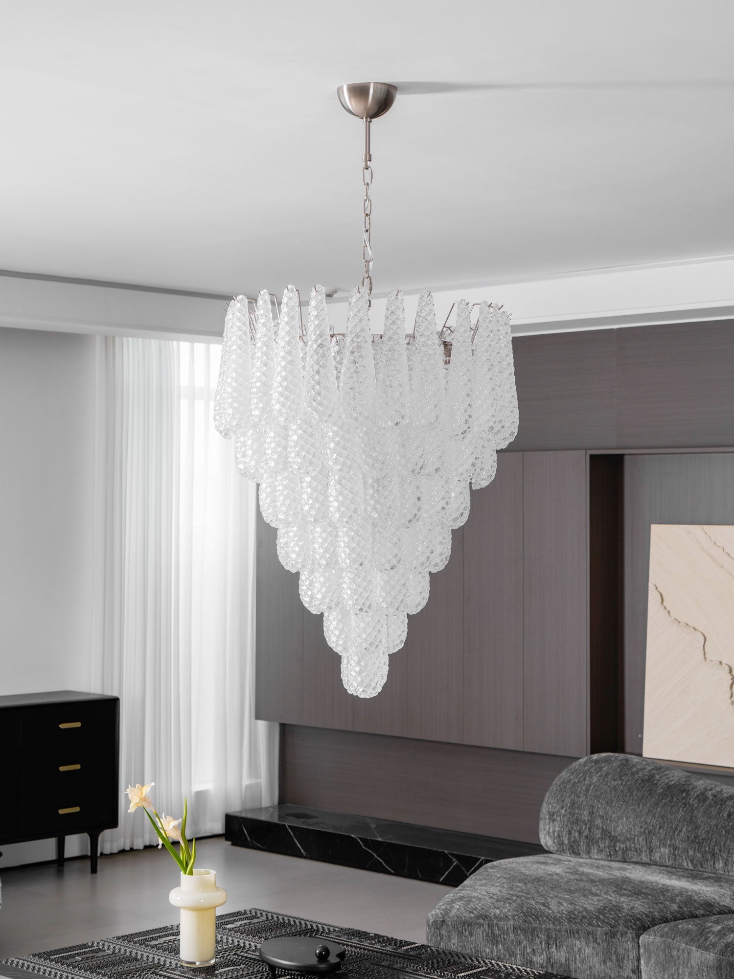 Aurora Chandelier Clear Droplets Murano Glass Waterfall Diamond-Neutral Decor