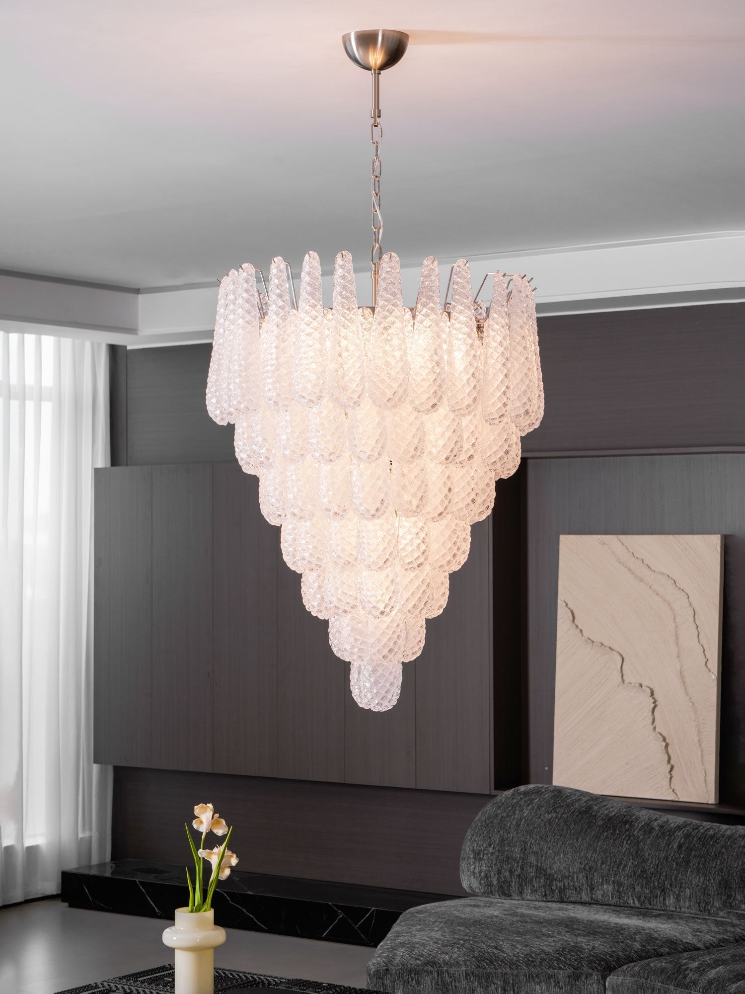 Aurora Chandelier Clear Droplets Murano Glass Waterfall Diamond-Neutral Decor