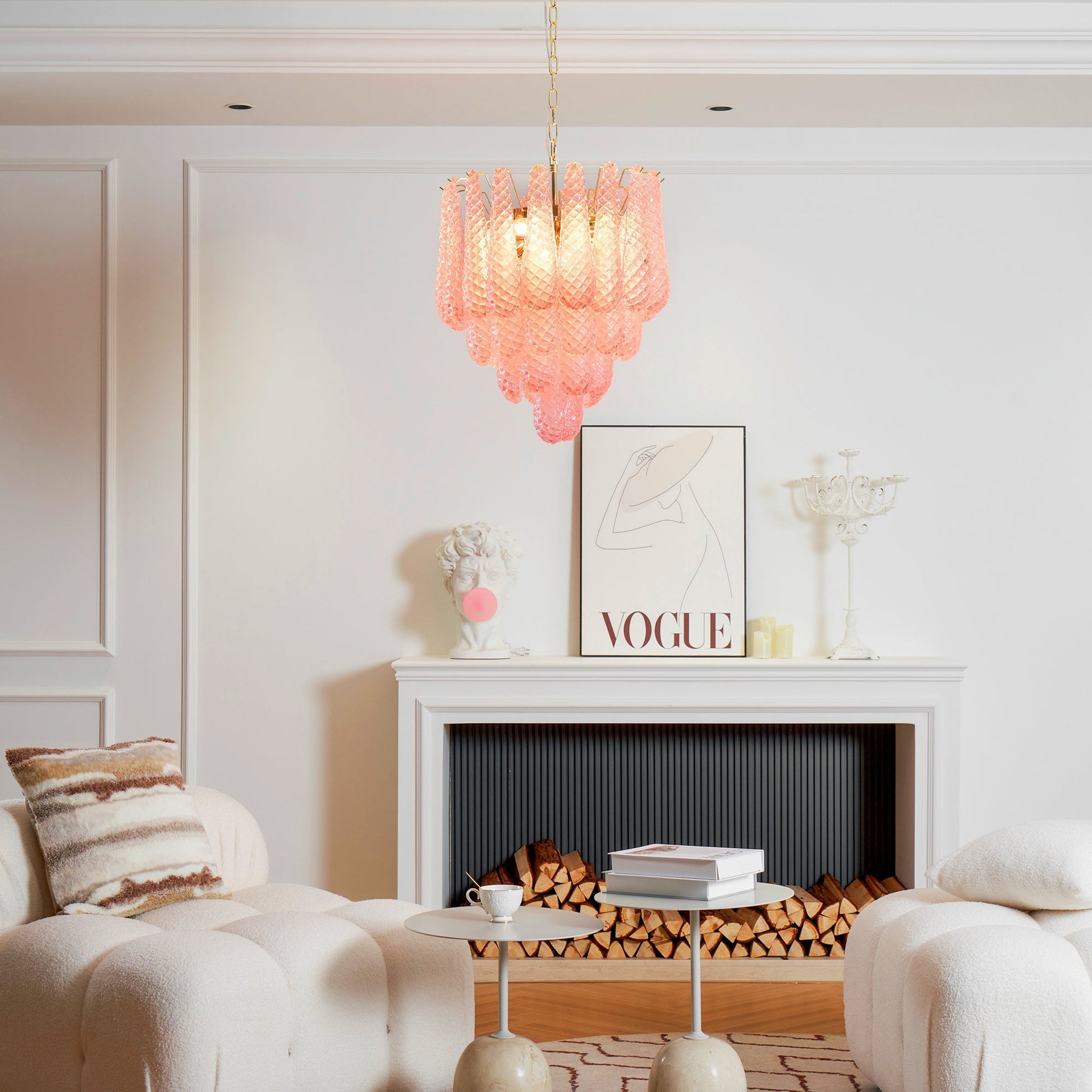 Aurora Chandelier Pink Droplet Murano Glass Diamond Pattern Waterfall-Neutral Decor