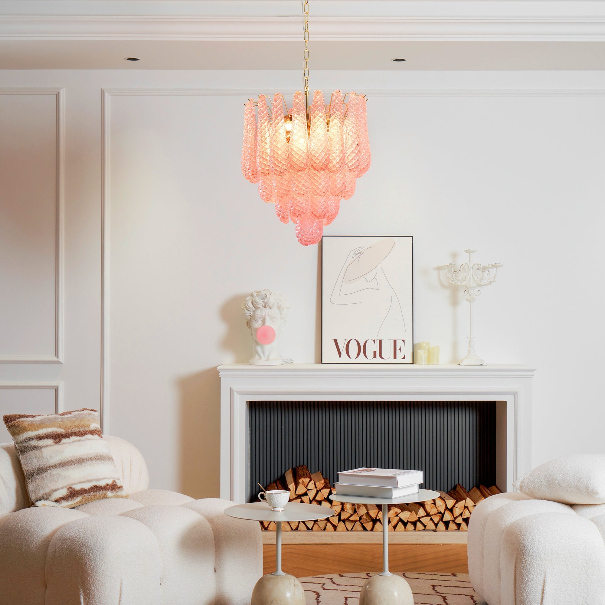 Aurora Chandelier Pink Droplet Murano Glass Diamond Pattern Waterfall-Neutral Decor