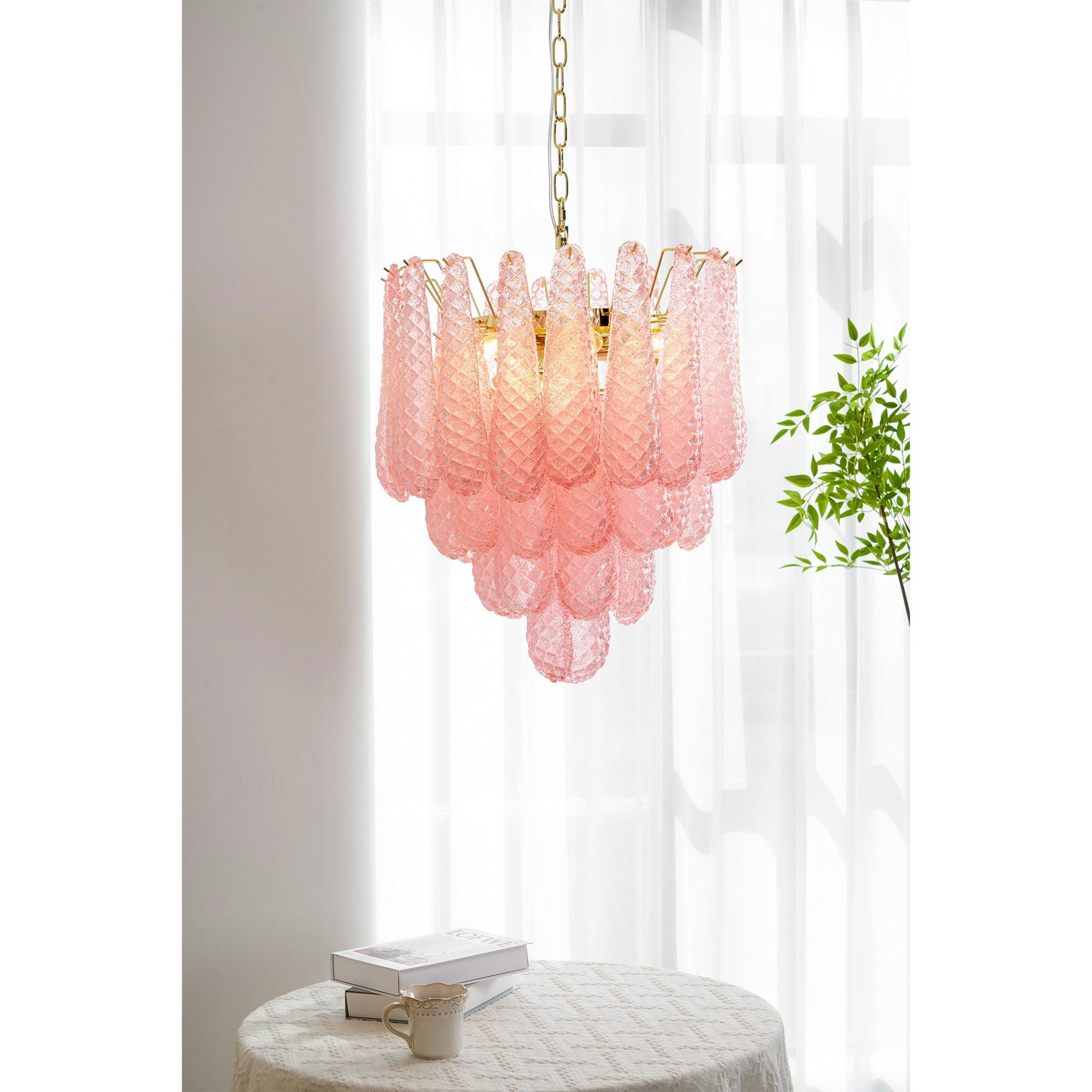 Aurora Chandelier Pink Droplet Murano Glass Diamond Pattern Waterfall-Neutral Decor