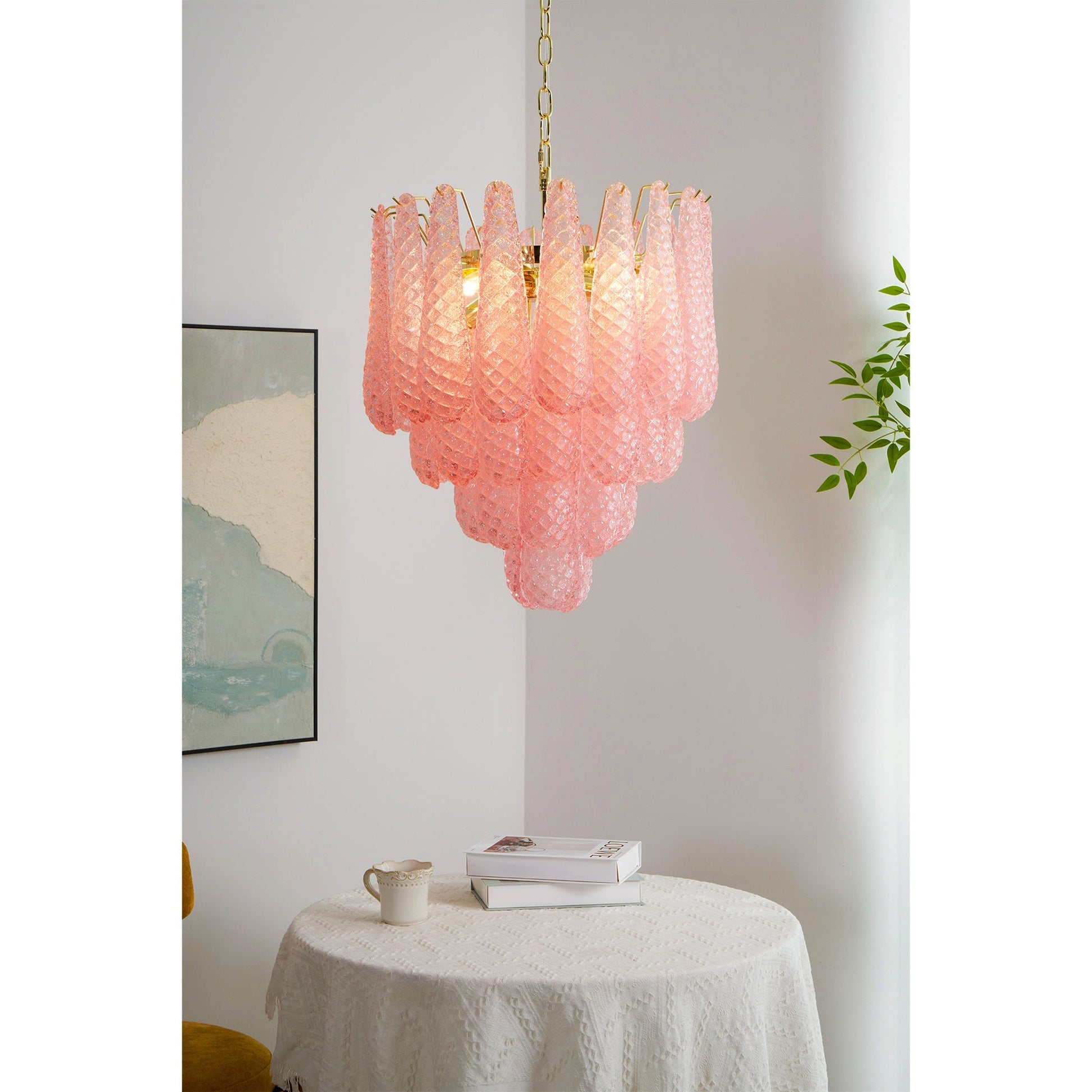 Aurora Chandelier Pink Droplet Murano Glass Diamond Pattern Waterfall-Neutral Decor