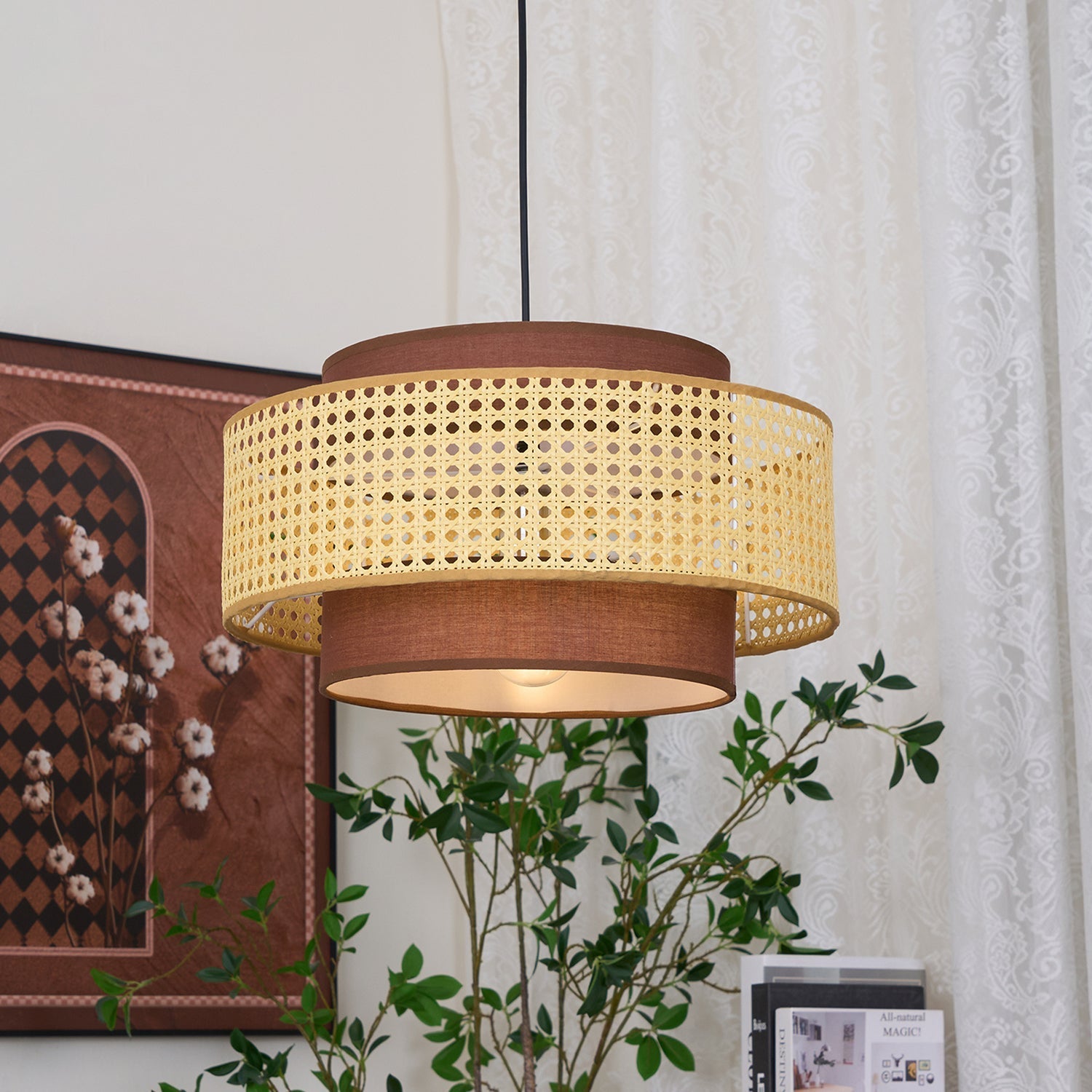 Zerither Rattan Fabric Pendant Light-Neutral Decor