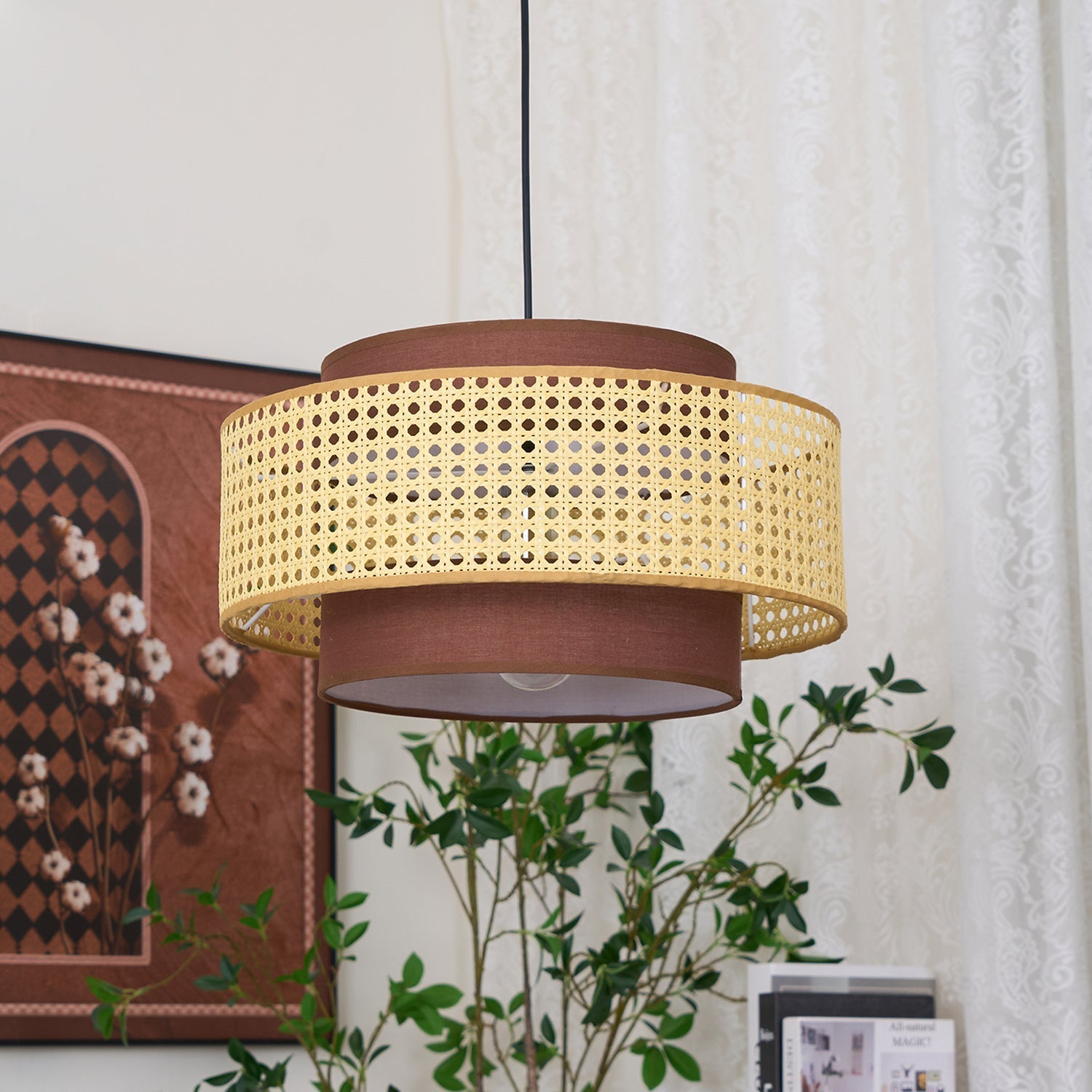 Zerither Rattan Fabric Pendant Light-Neutral Decor
