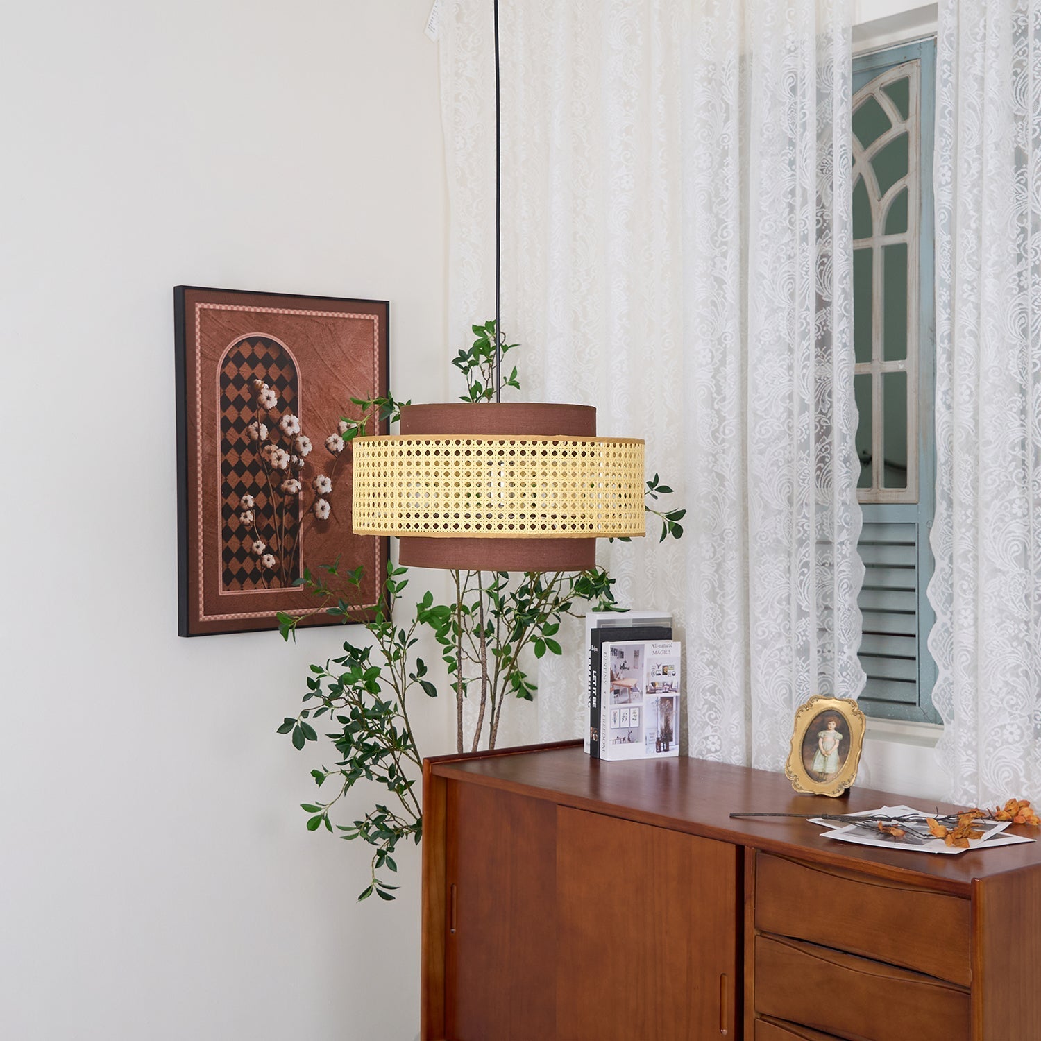 Zerither Rattan Fabric Pendant Light-Neutral Decor