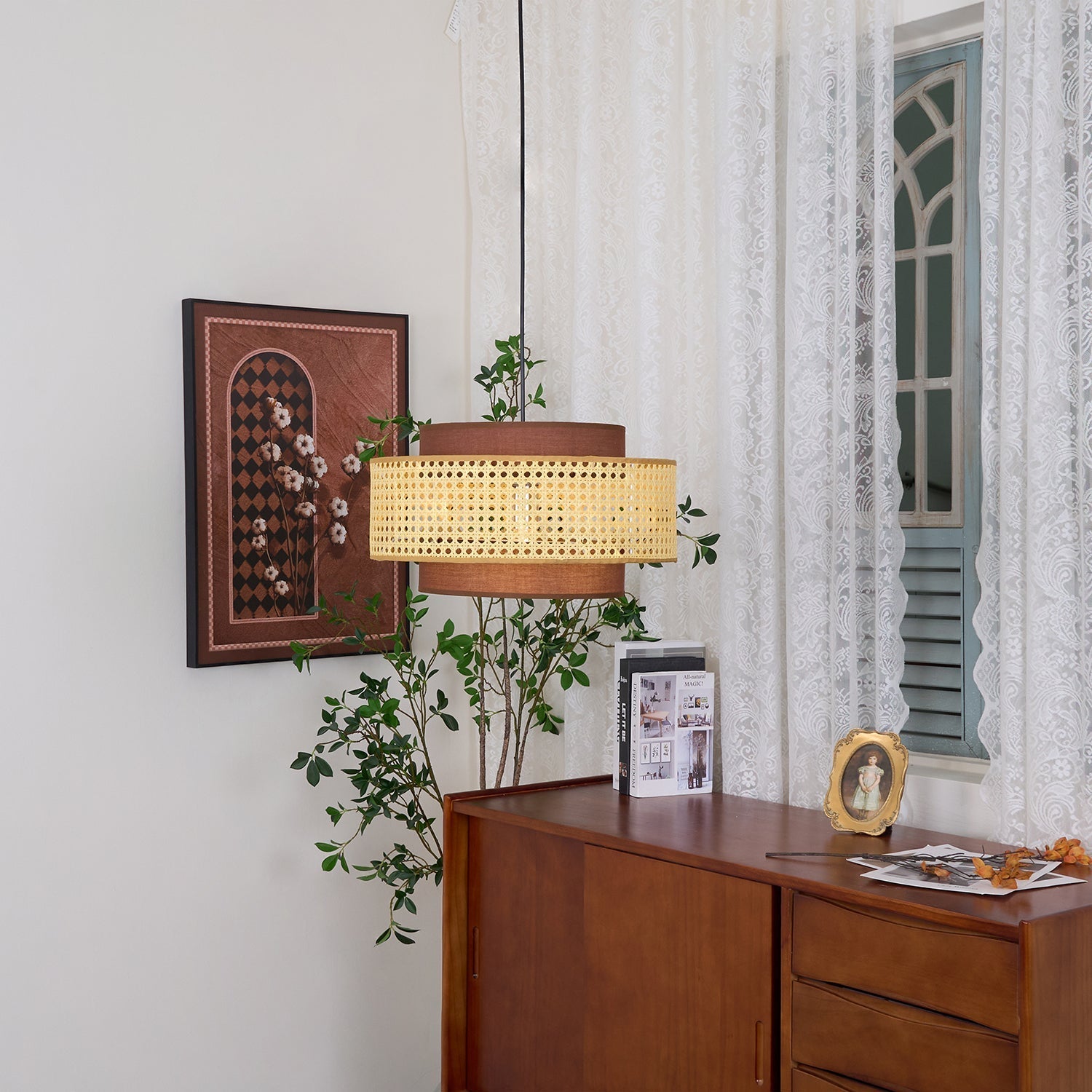 Zerither Rattan Fabric Pendant Light-Neutral Decor