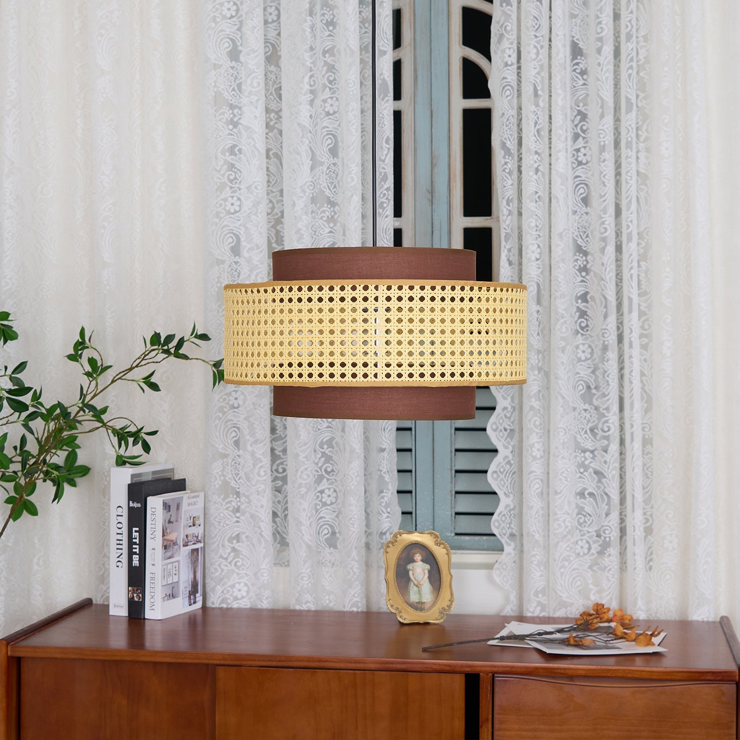 Zerither Rattan Fabric Pendant Light-Neutral Decor