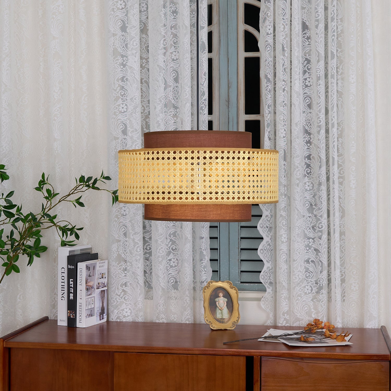 Zerither Rattan Fabric Pendant Light-Neutral Decor