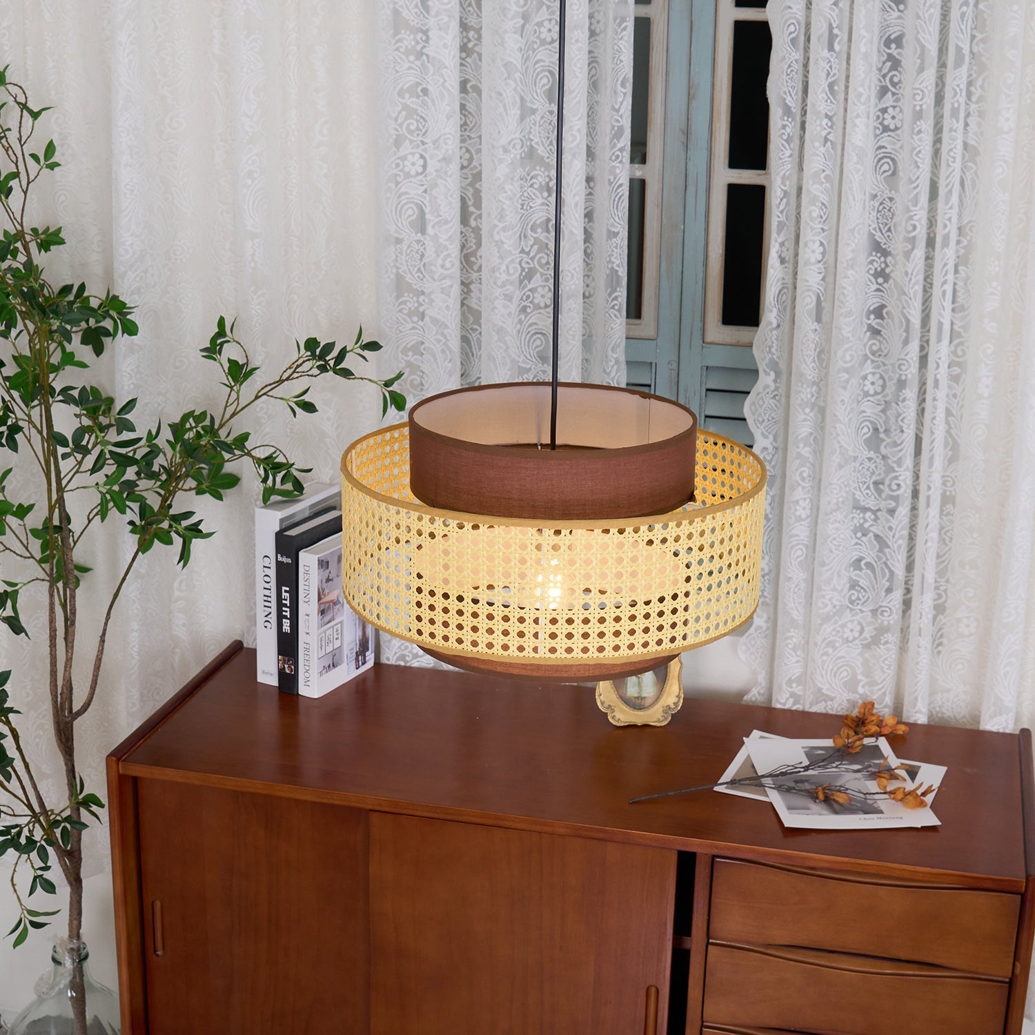 Zerither Rattan Fabric Pendant Light-Neutral Decor