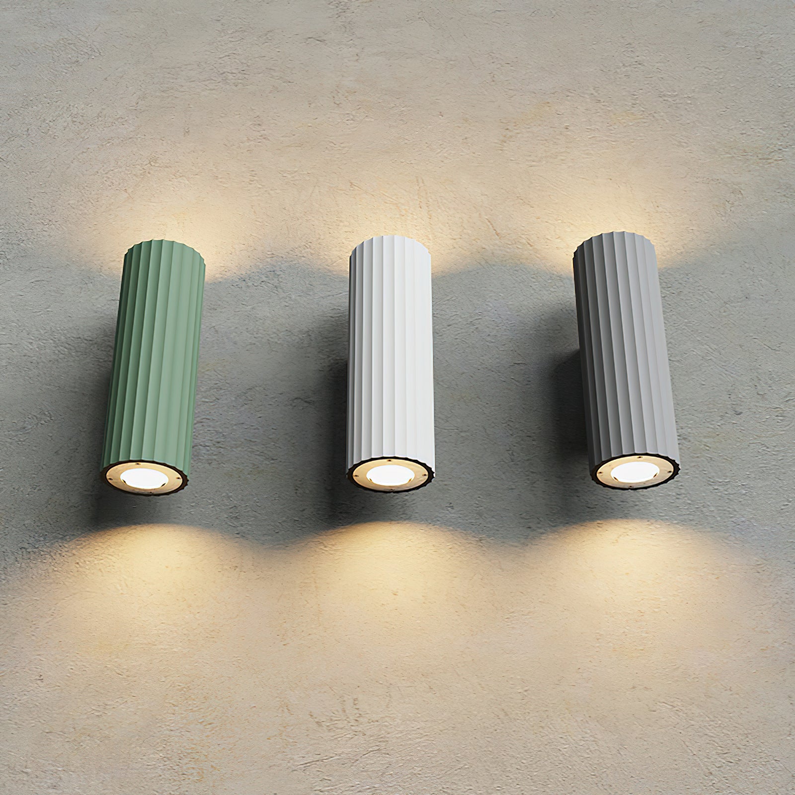 A pair of Dunbar Wall Lights in grey flanking a headboard.