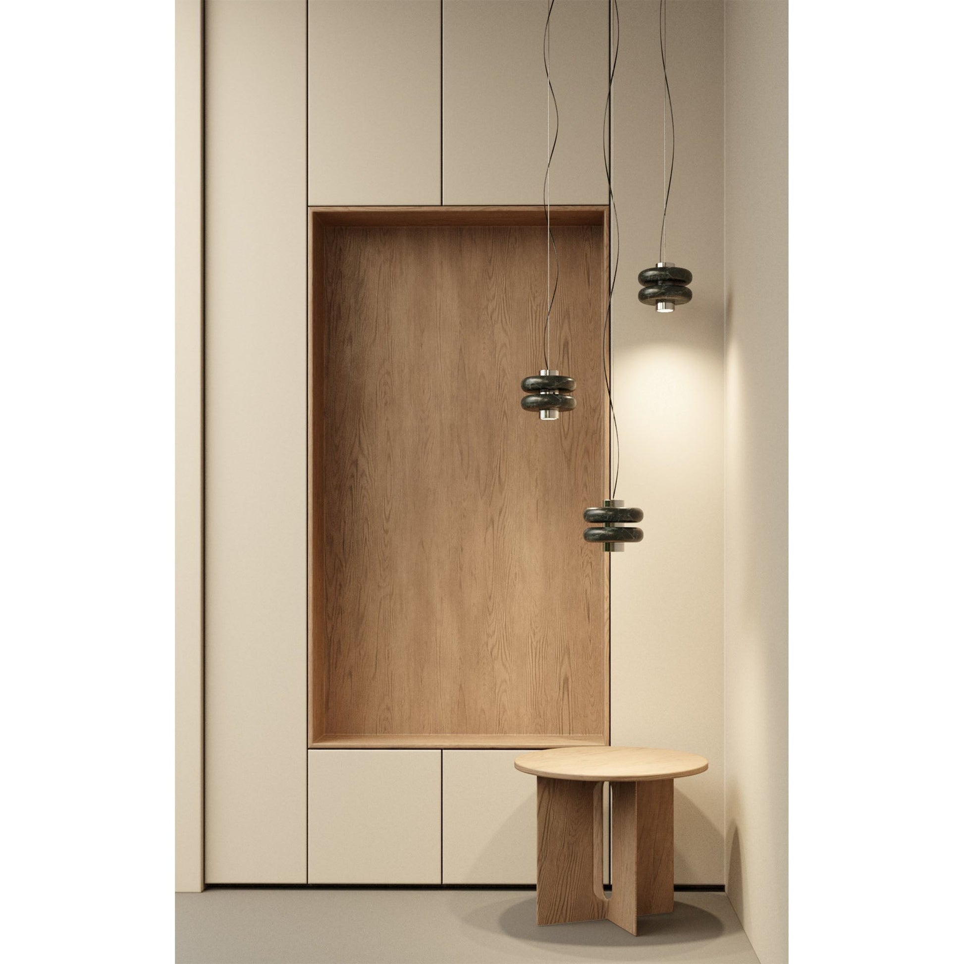 Duo Marble Pendant Lamp in beige, detail of the chrome-plated metal.