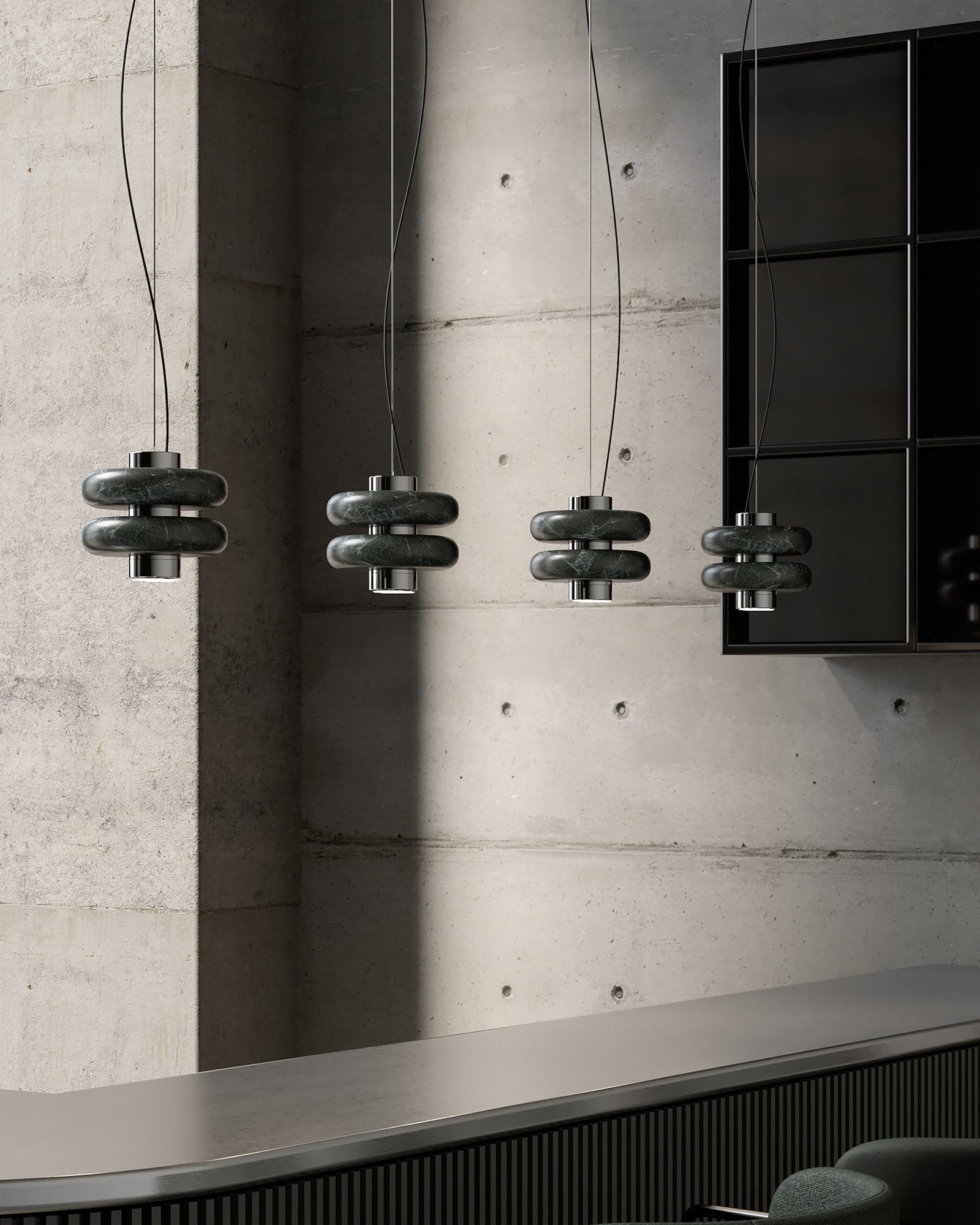 Close-up of the beige marble texture on the pendant lamp.