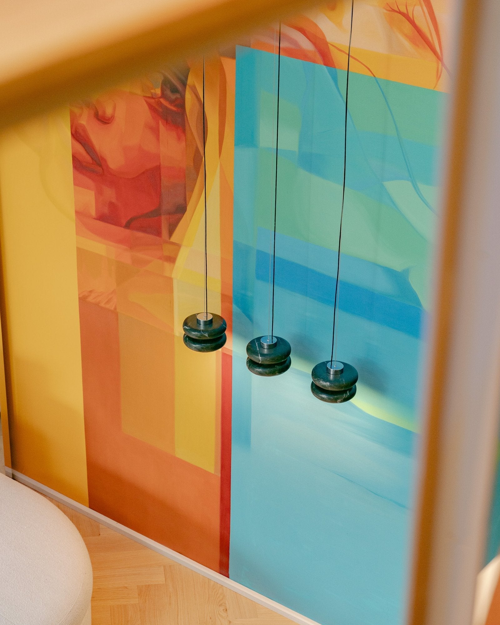View of the Duo Marble Pendant Lamp from below, showing the integrated LED.
