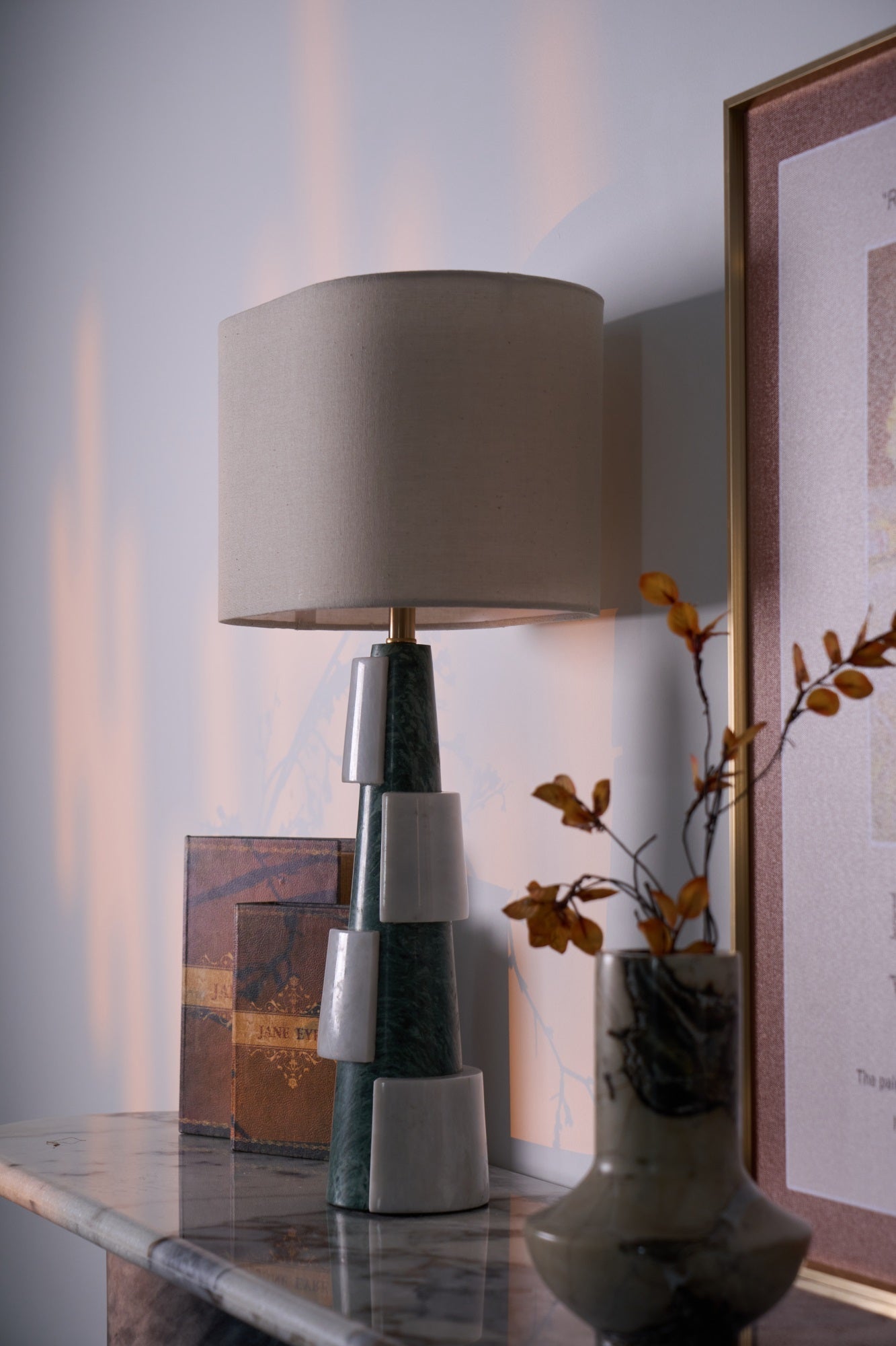 Obelisk Stacked Marble Table Lamp-Neutral Decor