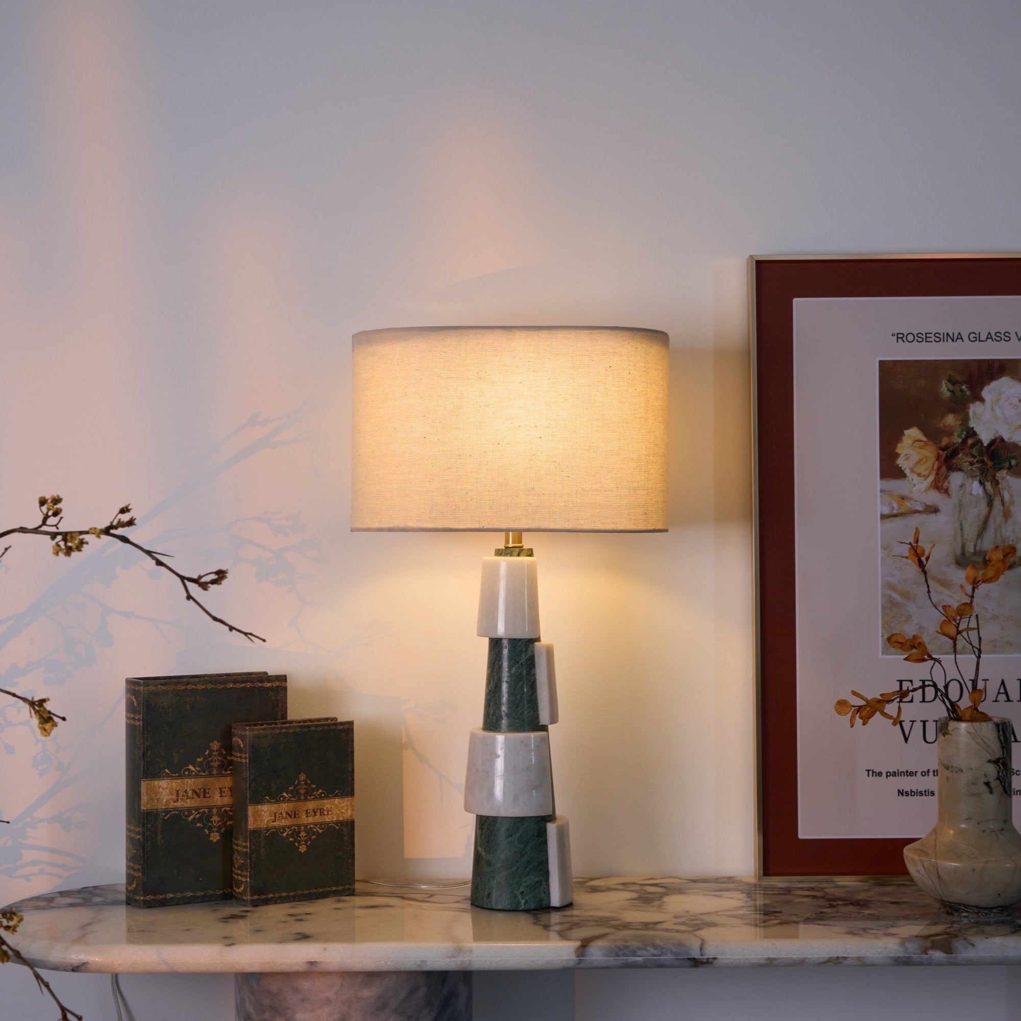 Obelisk Stacked Marble Table Lamp-Neutral Decor