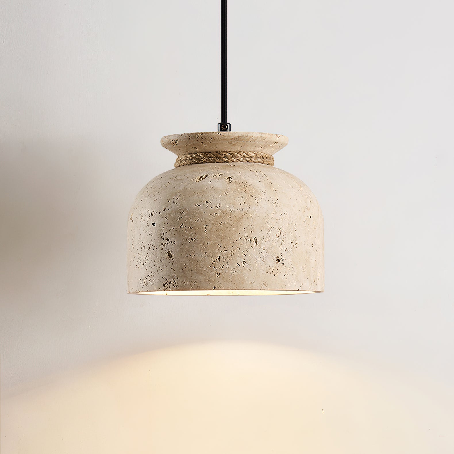 Easton Pendant Lamp with a cylindrical travertine shade, Model B.