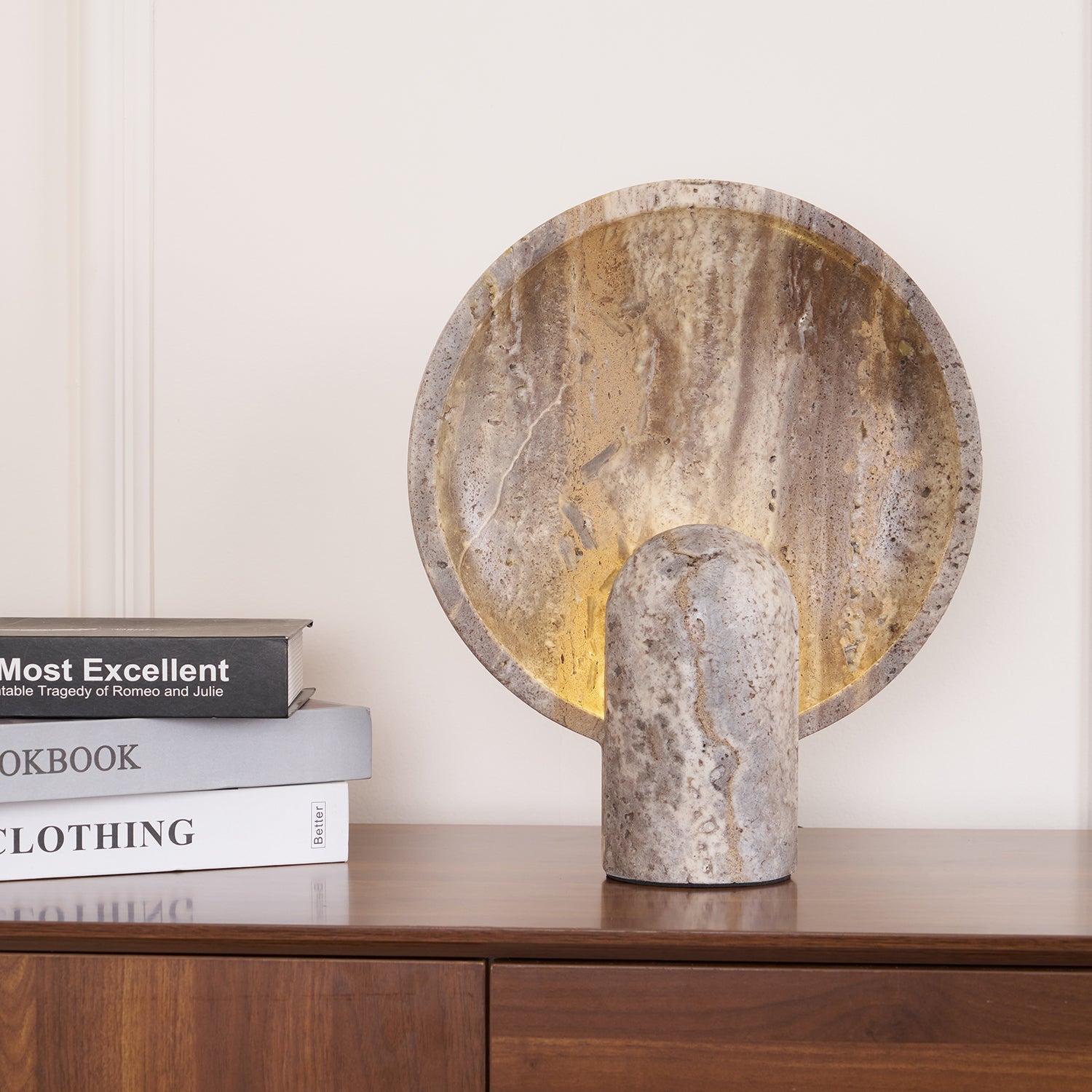Valemu Saucer-Base Travertine Table Lamp-Neutral Decor