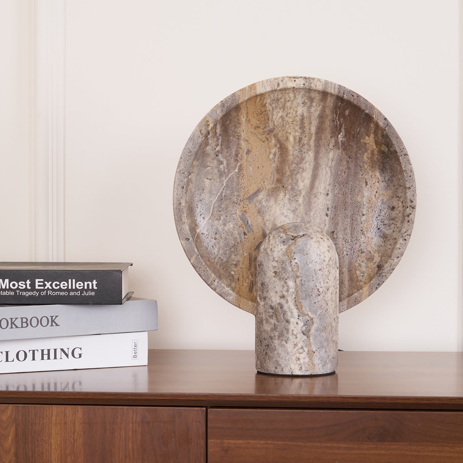 Valemu Saucer-Base Travertine Table Lamp-Neutral Decor