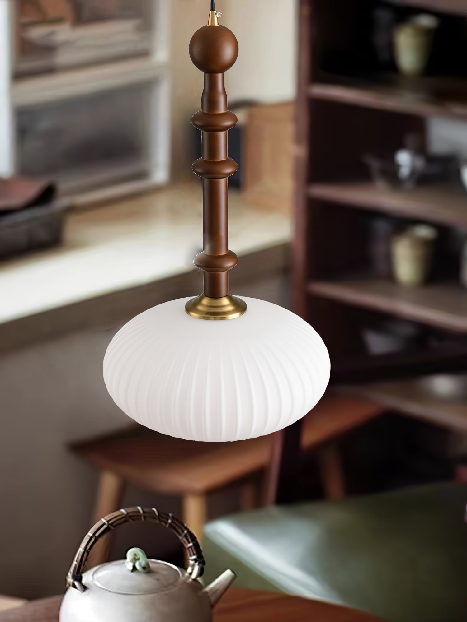 Iliror Traditional Art Wood Glass Pendant Light-Neutral Decor