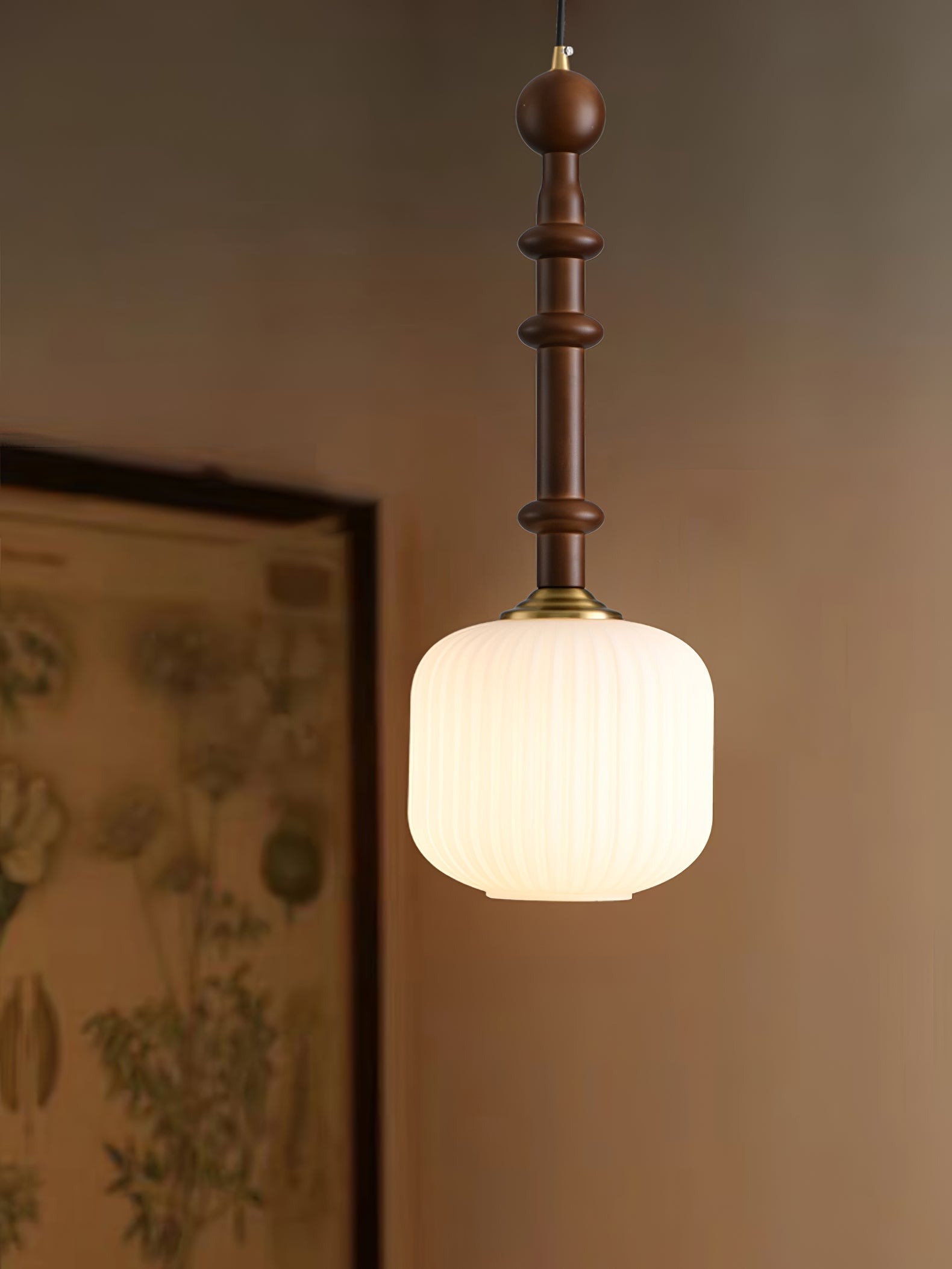 Iliror Traditional Art Wood Glass Pendant Light-Neutral Decor