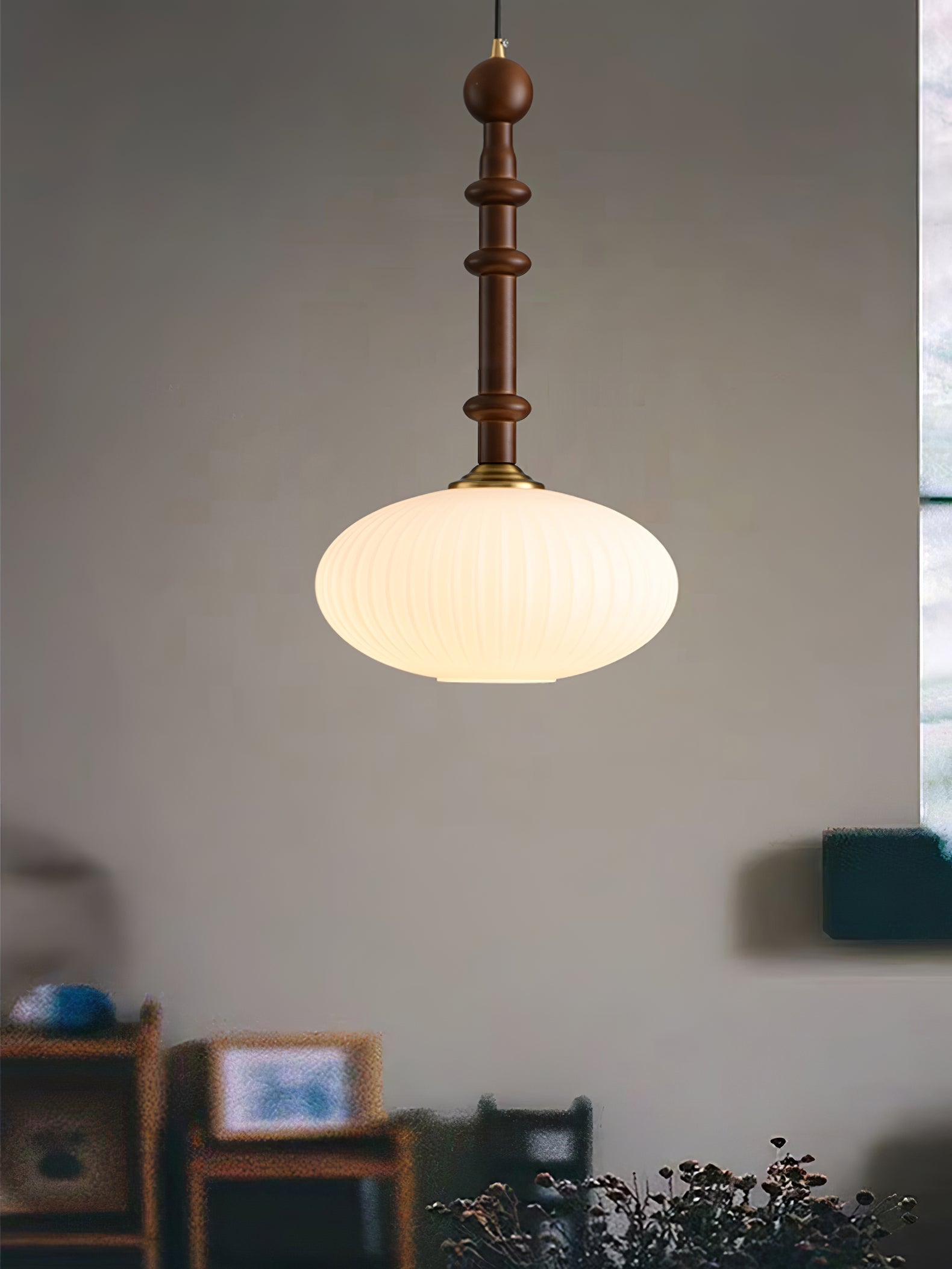 Iliror Traditional Art Wood Glass Pendant Light-Neutral Decor