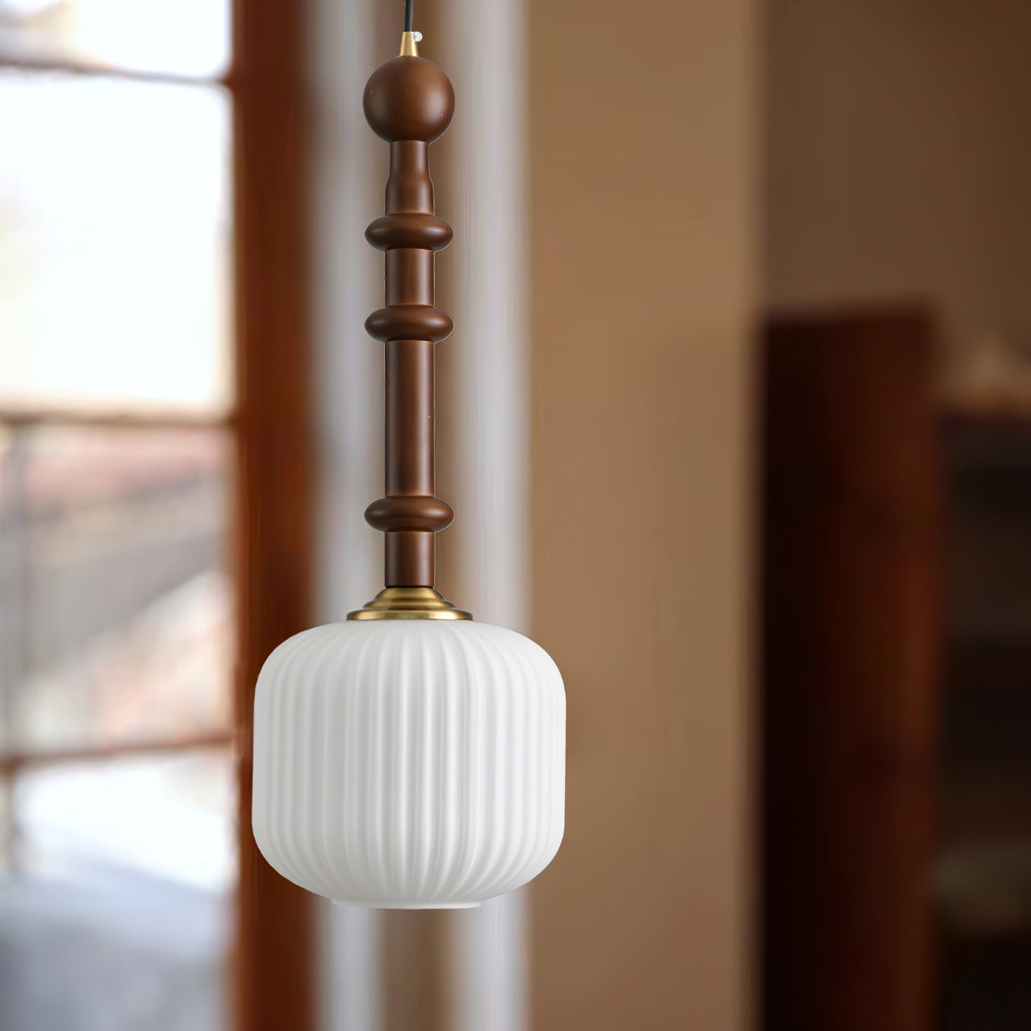 Iliror Traditional Art Wood Glass Pendant Light-Neutral Decor