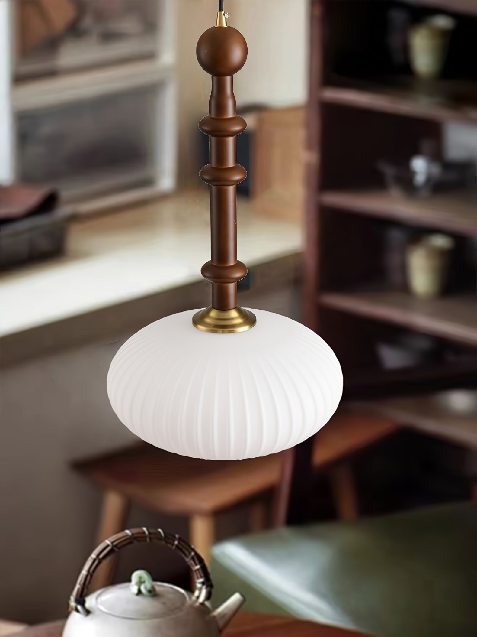 Iliror Traditional Art Wood Glass Pendant Light-Neutral Decor
