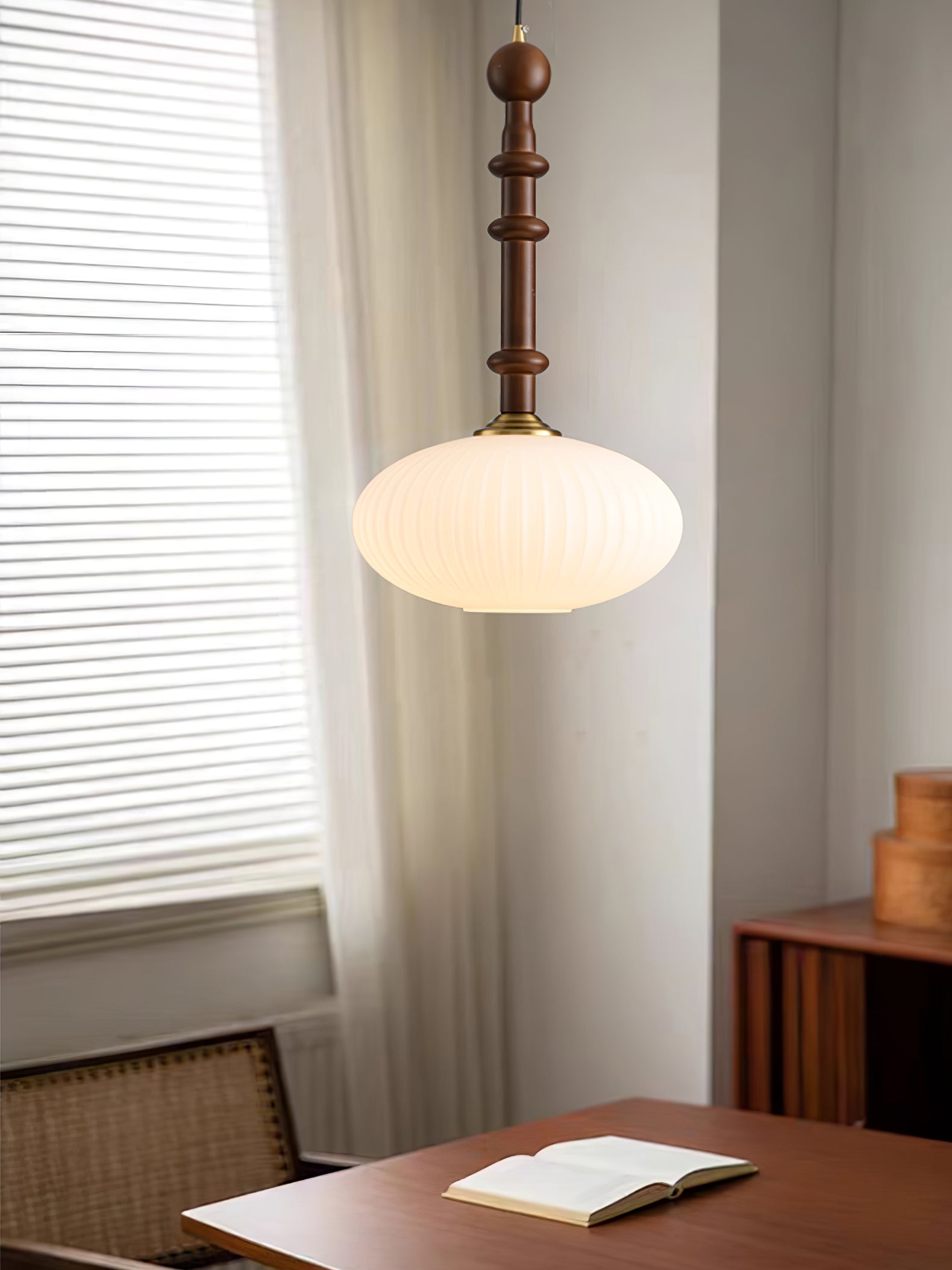Iliror Traditional Art Wood Glass Pendant Light-Neutral Decor