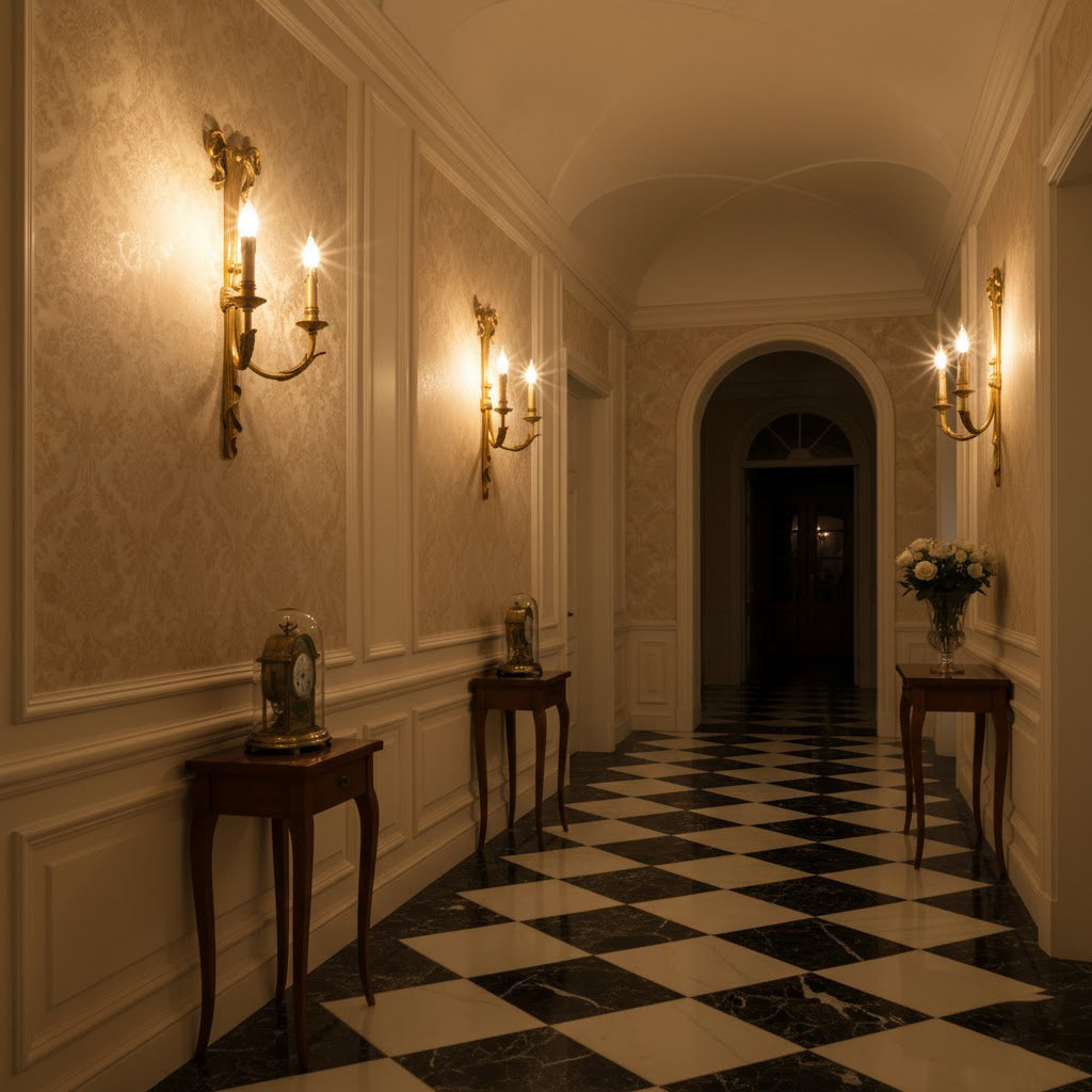 Angled view of the classical brass wall lamp.
