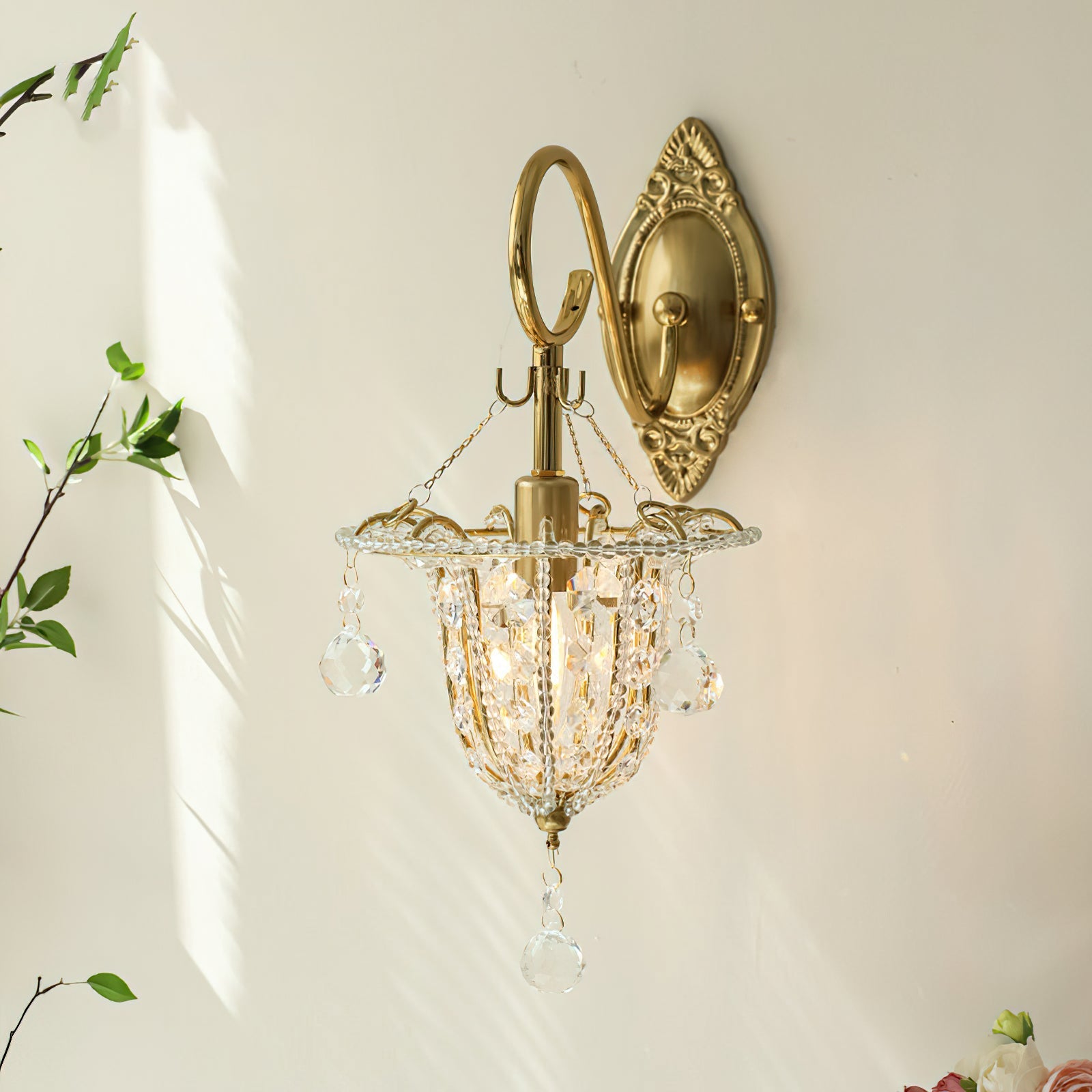 Close-up view of the Eilers Wall Light, highlighting the intricate crystal details.