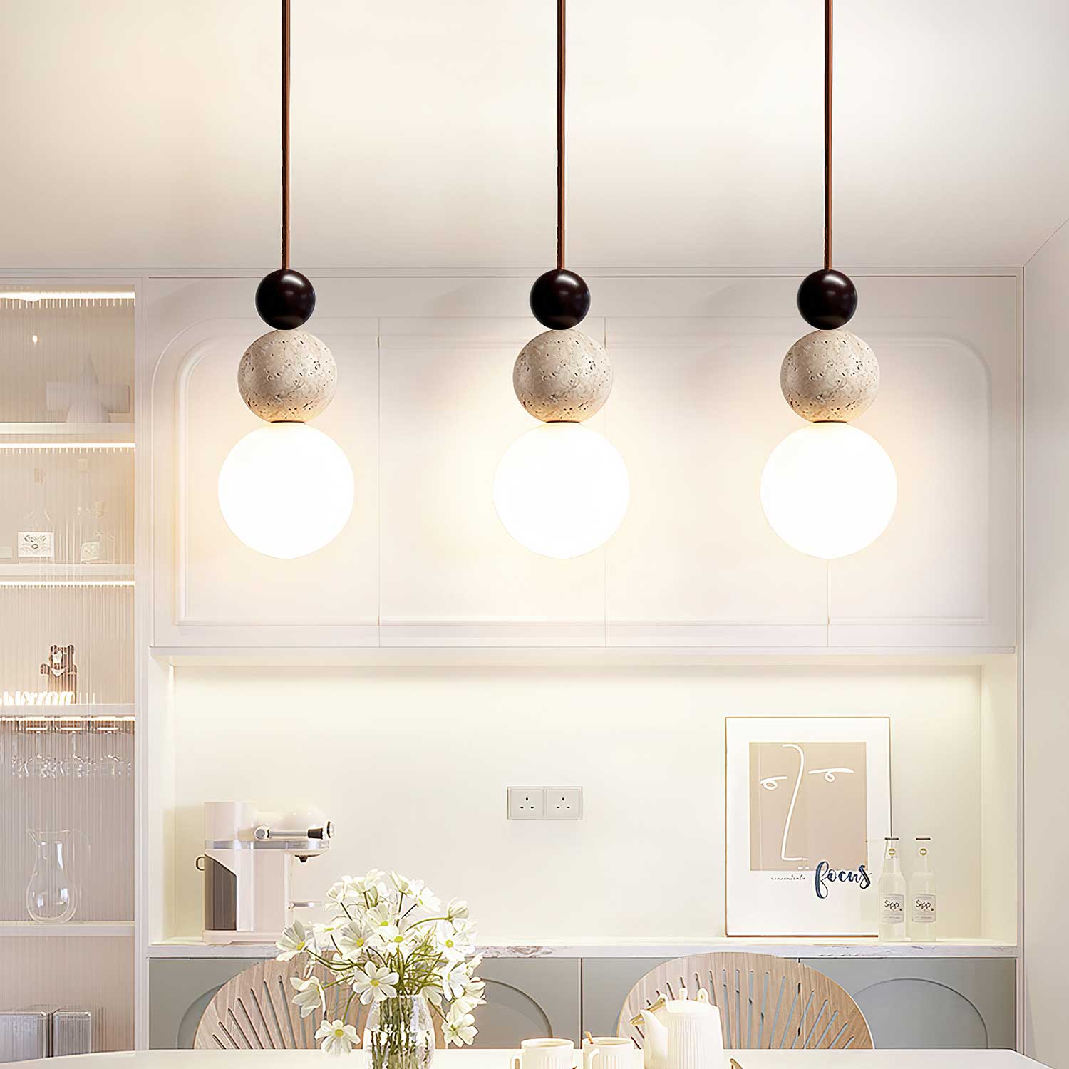 Bit Sphere-Cluster Travertine Pendant Light-Neutral Decor