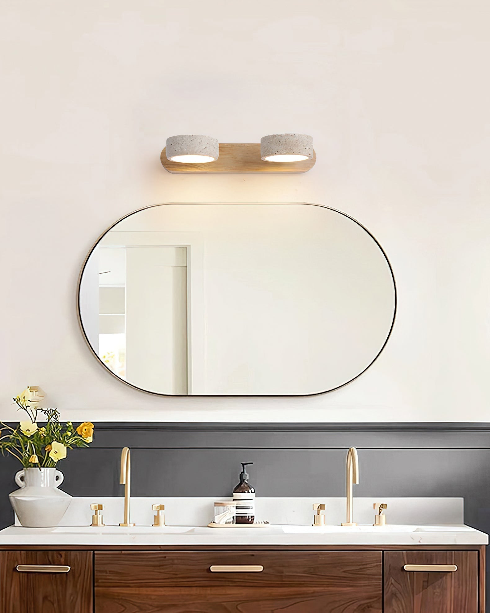 Elias Travertine Wall Lamp in the Beige & Walnut color finish.