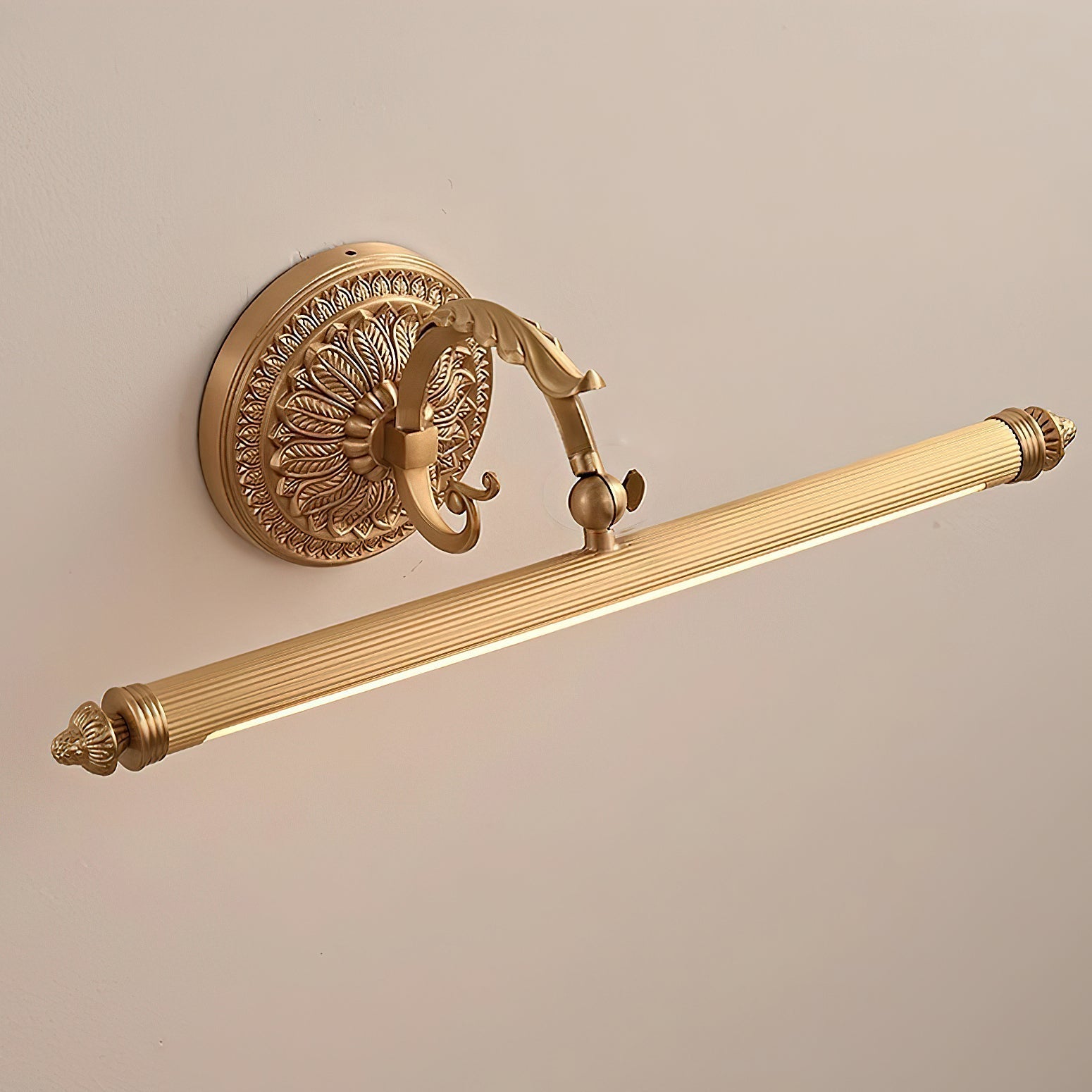 The wall sconce turned on, casting a warm ambient glow on the wall.