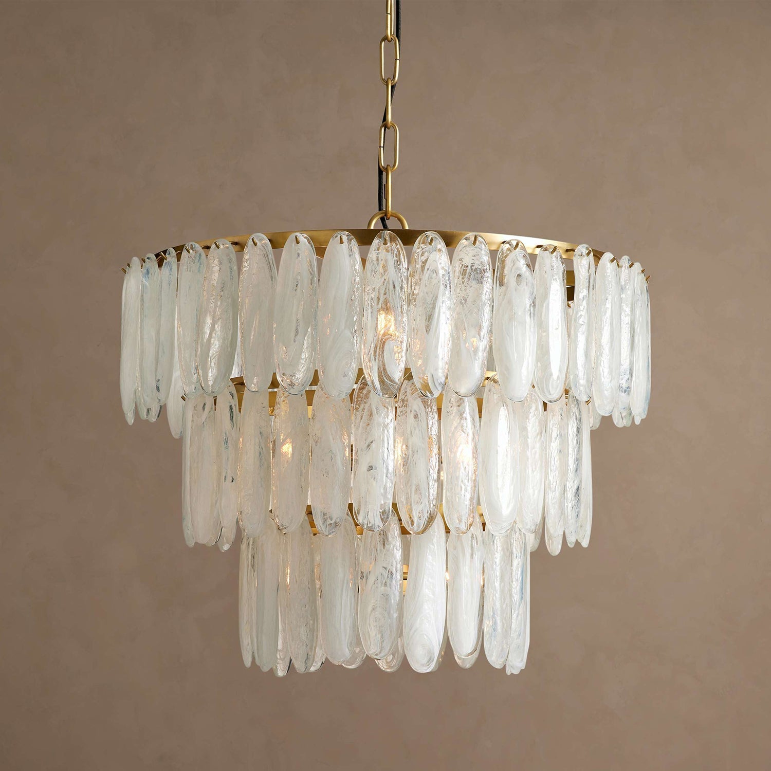 Close-up view of the frosted glass shades on the Ellington Chandelier.