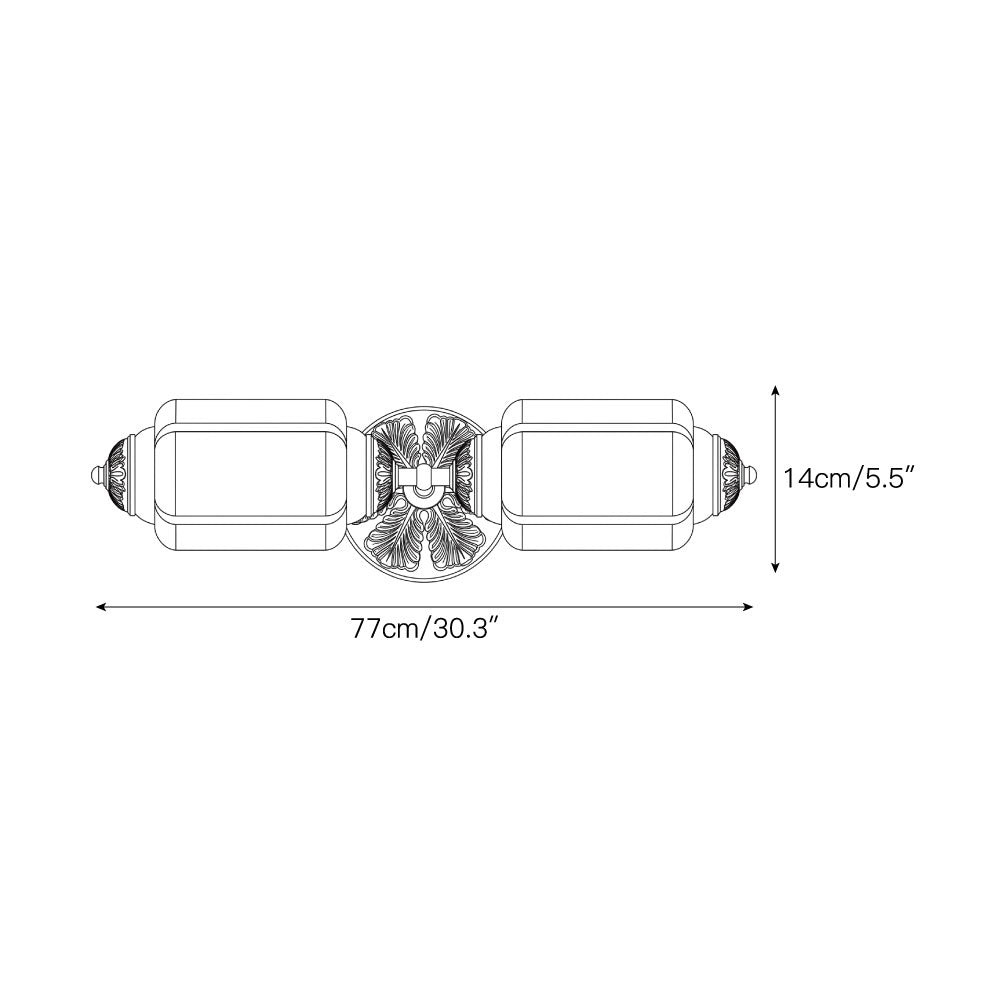 The wall sconce with two heads, viewed from the front.