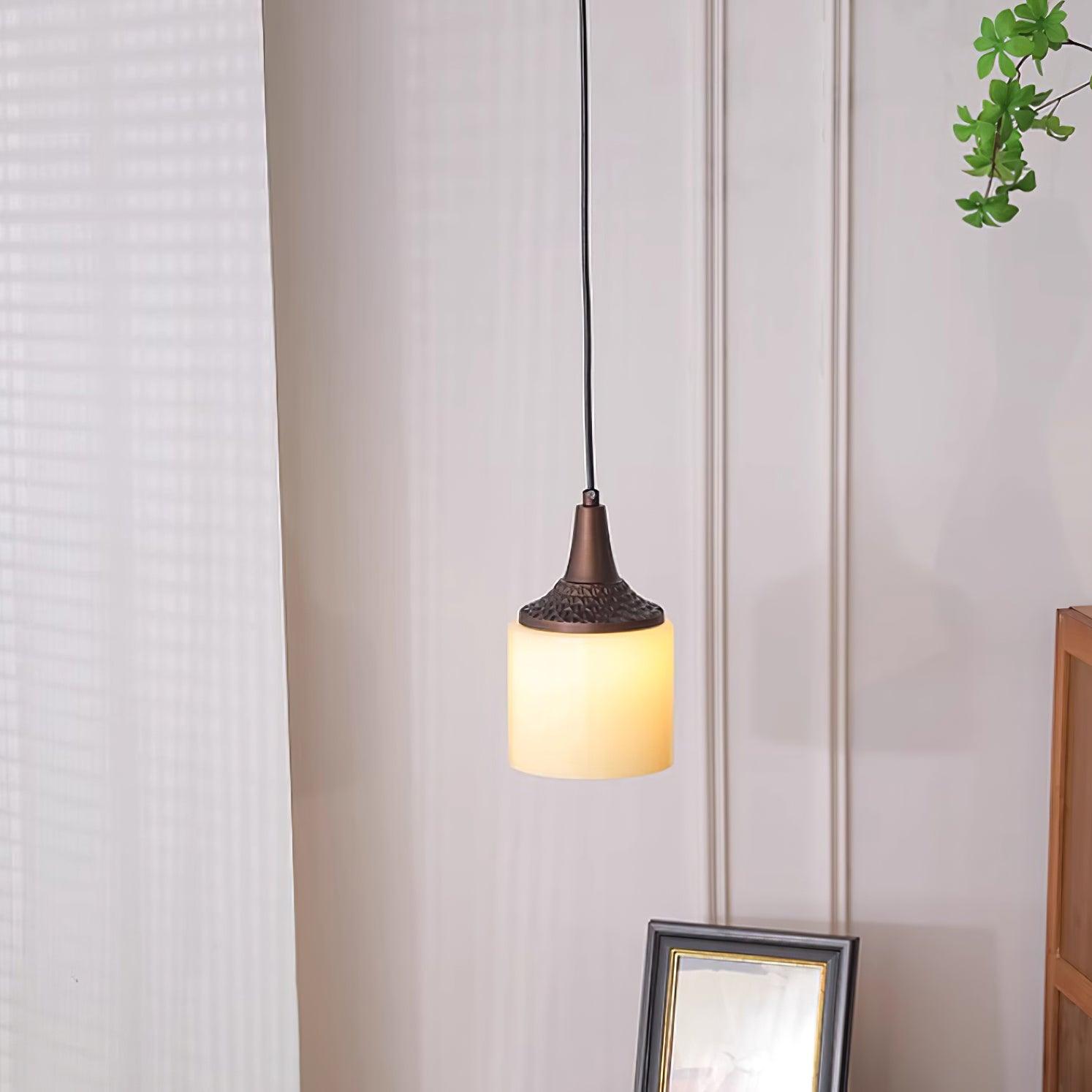 Pendant Lamp White Glass Shade Brown  Vintage