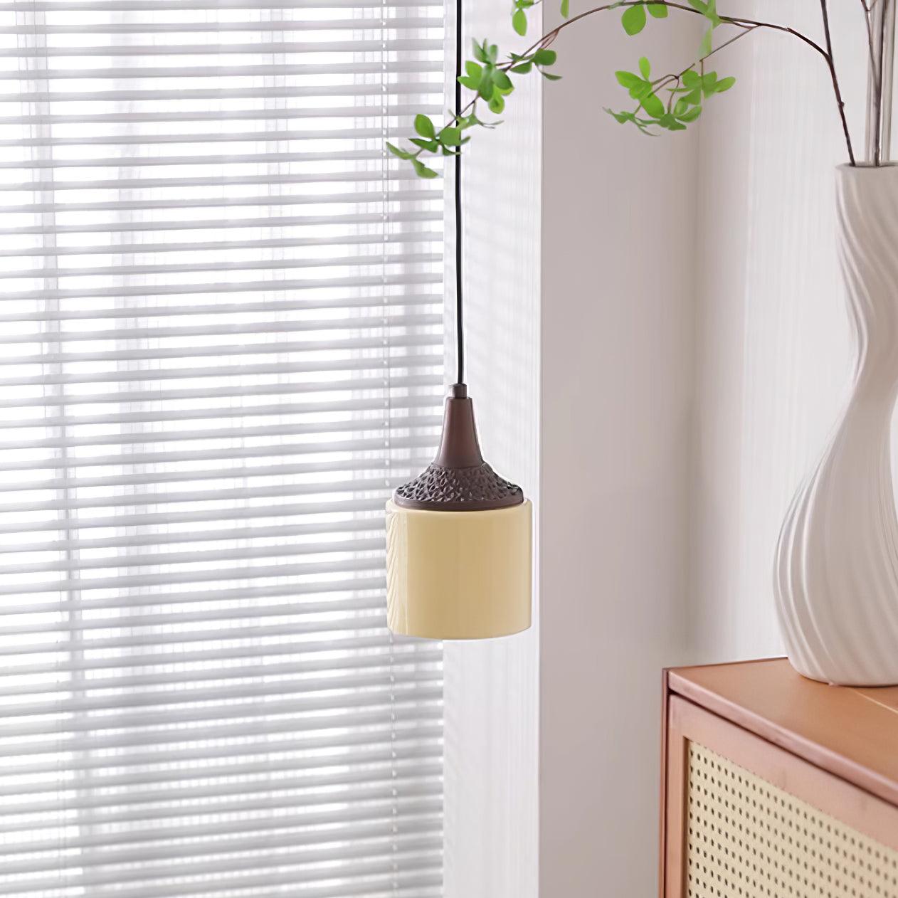 Pendant Lamp White Glass Shade Brown  Vintage