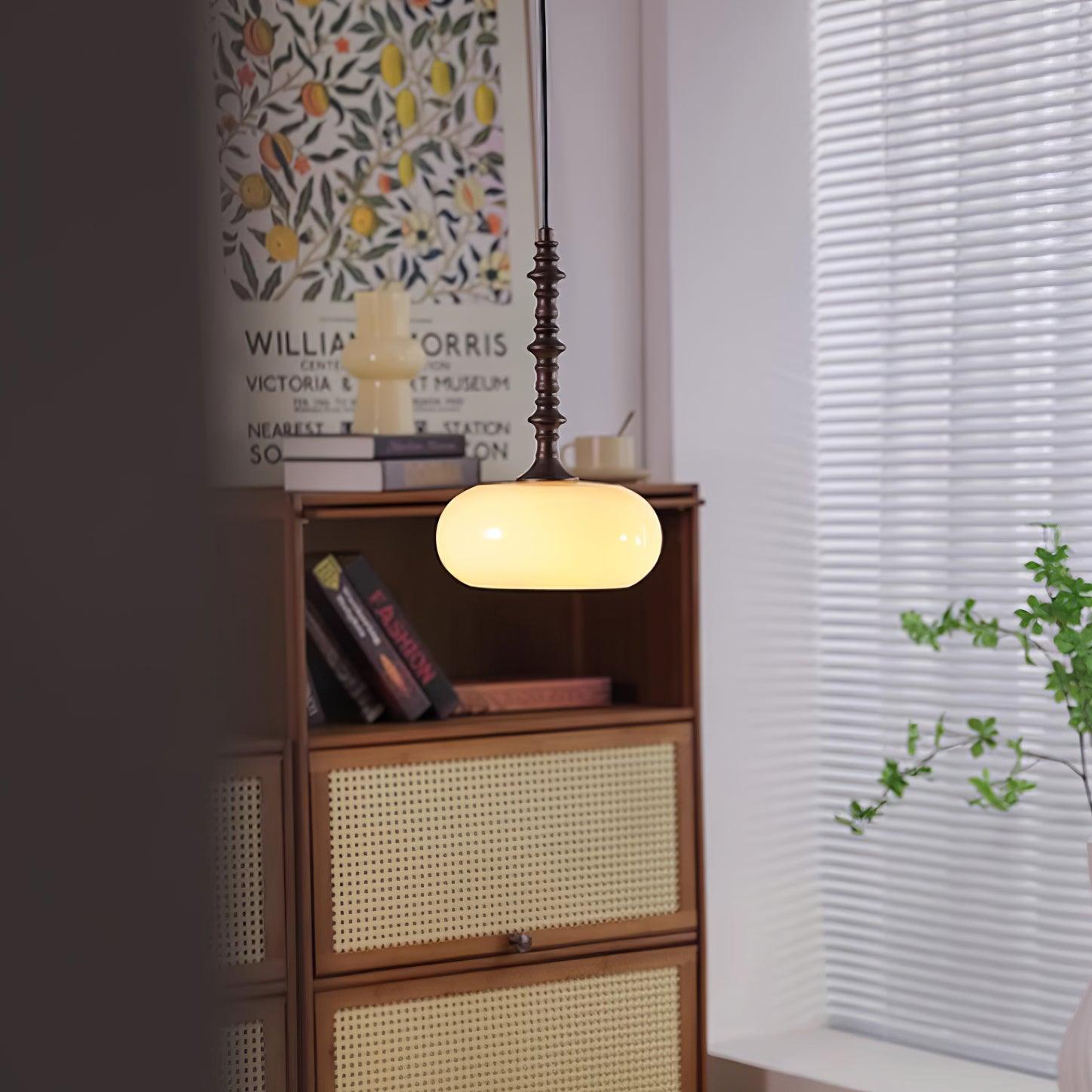Pendant Lamp White Glass Shade Brown  Vintage