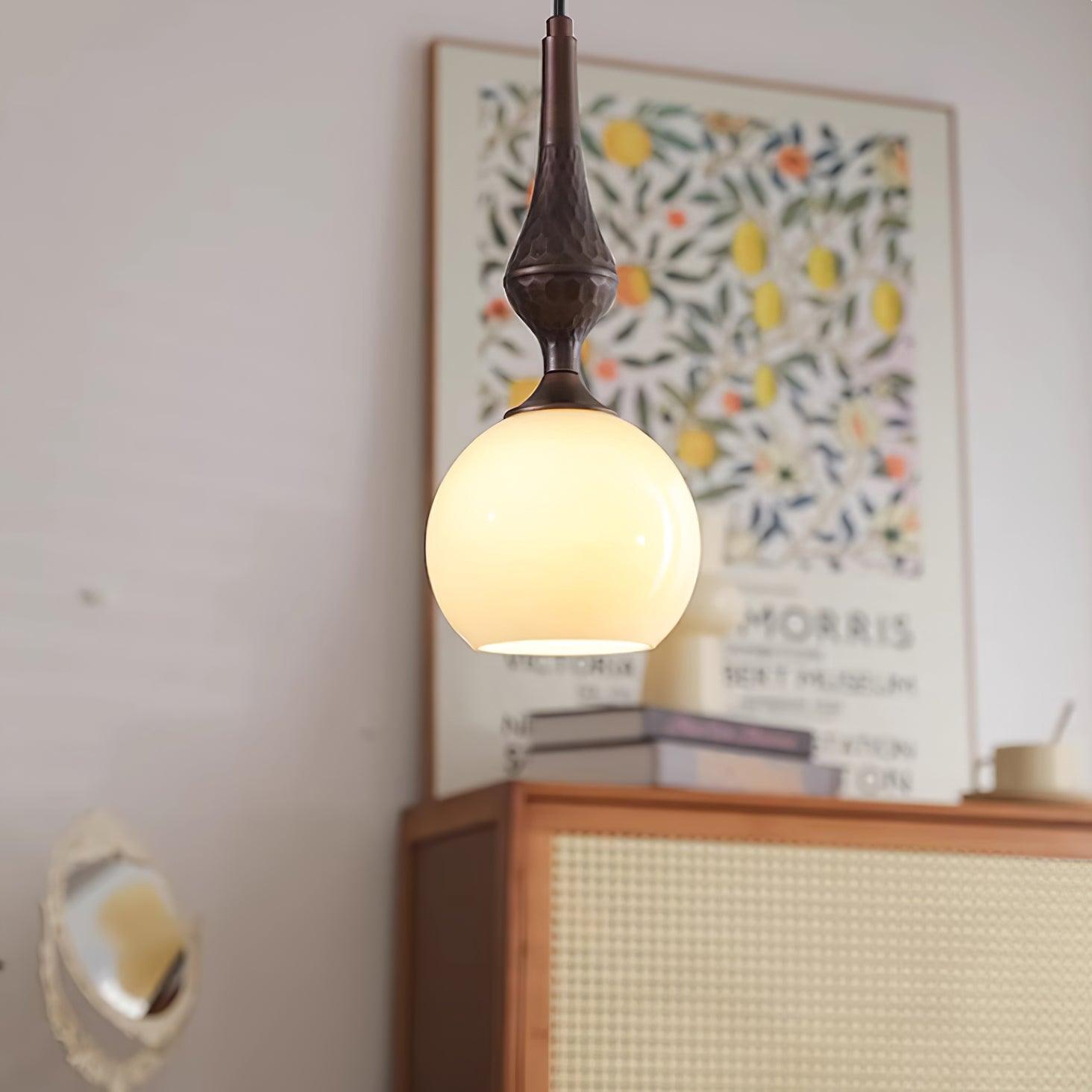 Pendant Lamp White Glass Shade Brown  Vintage