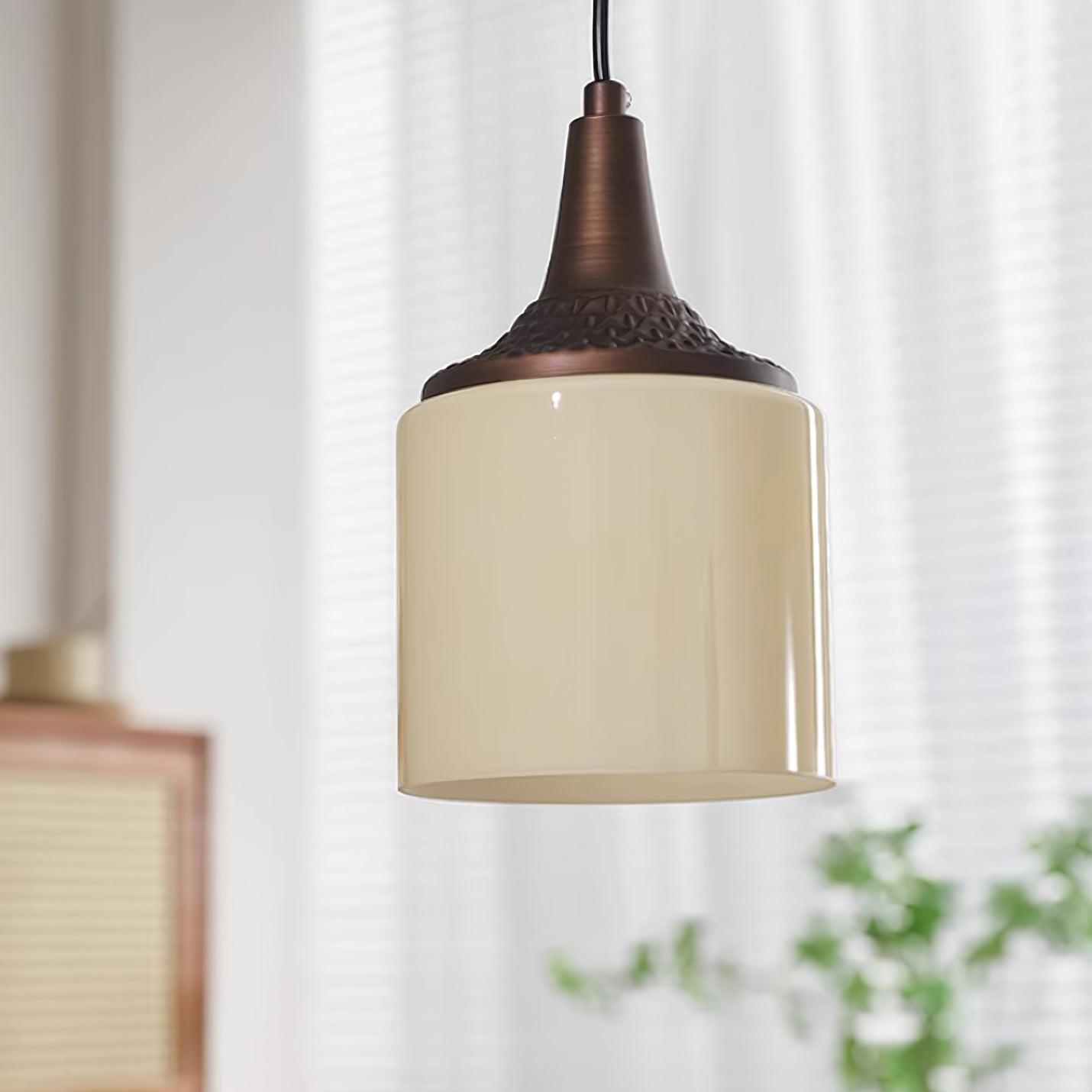 Pendant Lamp White Glass Shade Brown  Vintage