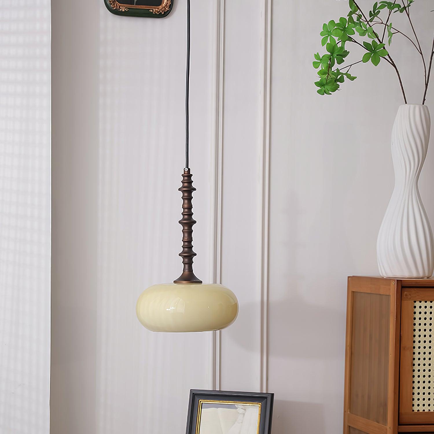 Pendant Lamp White Glass Shade Brown  Vintage